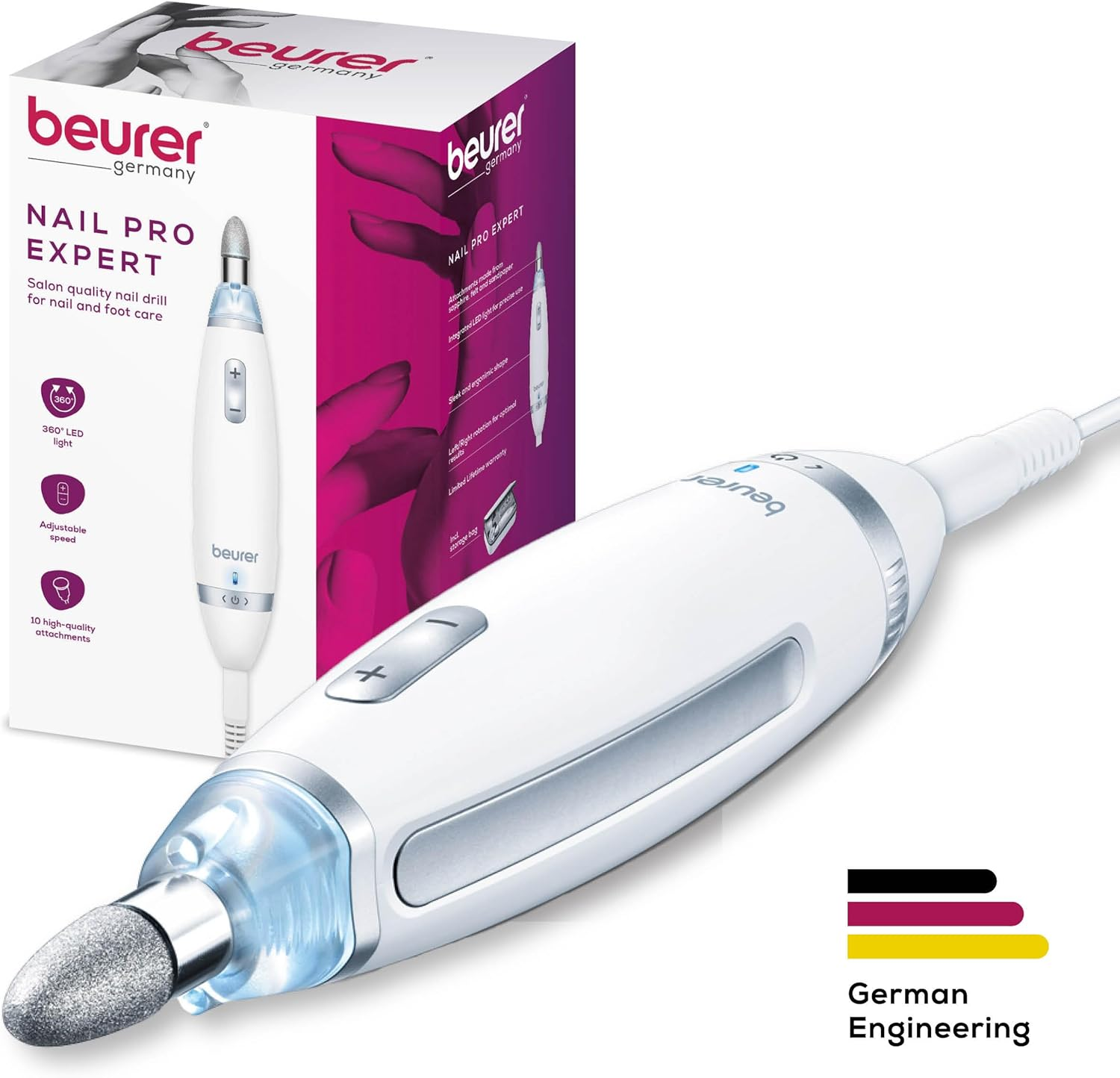 Beurer MP62 Professional Nail Drill Kit, Portable Electric File Machine with 10 Attachments & 10 Sanding Bands, Efile Dremel for Acrylic Gel Manicure and Pedicure, LED Light, with Storage Case, MP62 image number 6