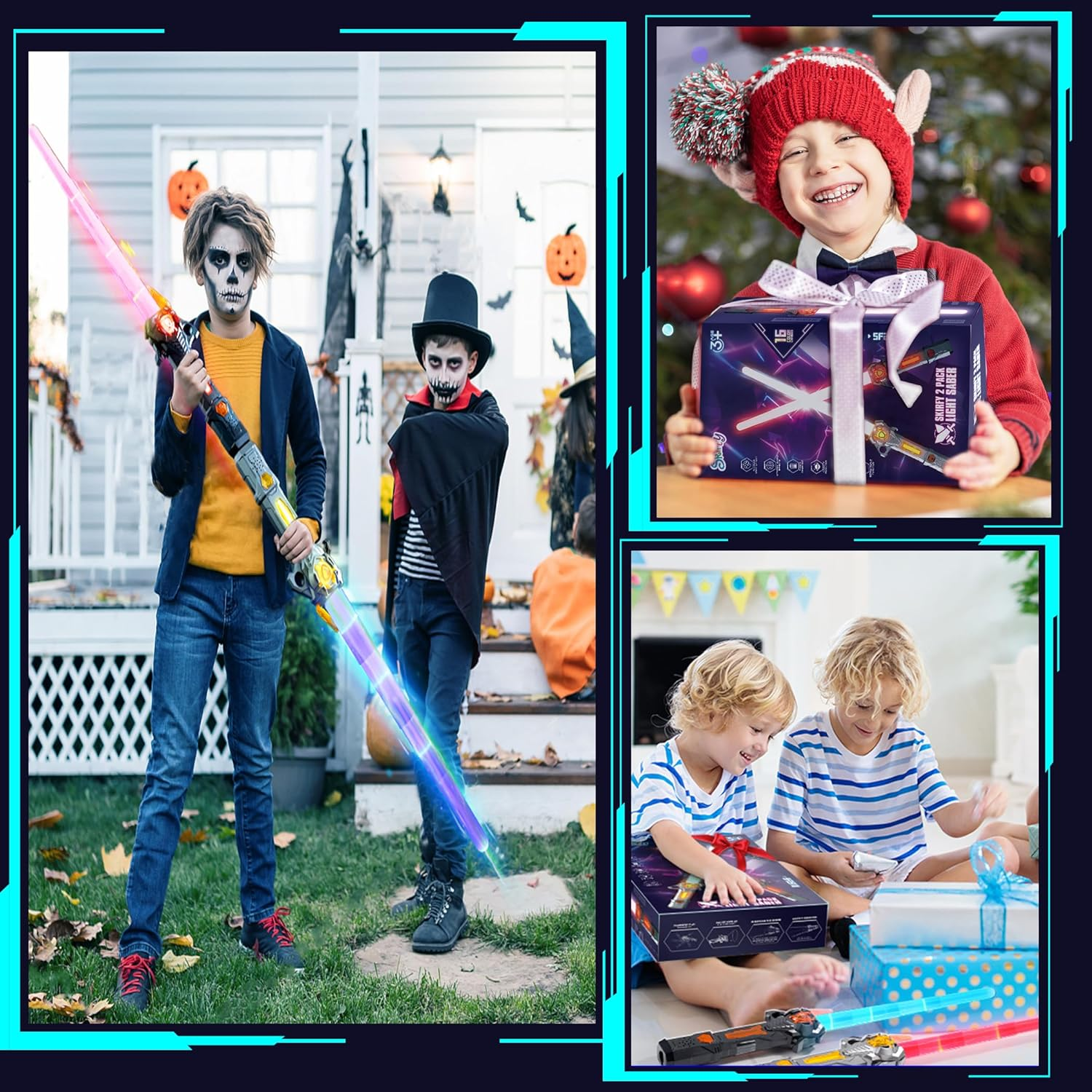 Skirfy Light Saber,2 Pack Lightsabers Sword for Kids with FX Sound & 16 Colors,2 In1 LED Lightsaber Toy,Retractable Lightsabers,Halloween Dress up Party Gift,Black & Grey image number 5