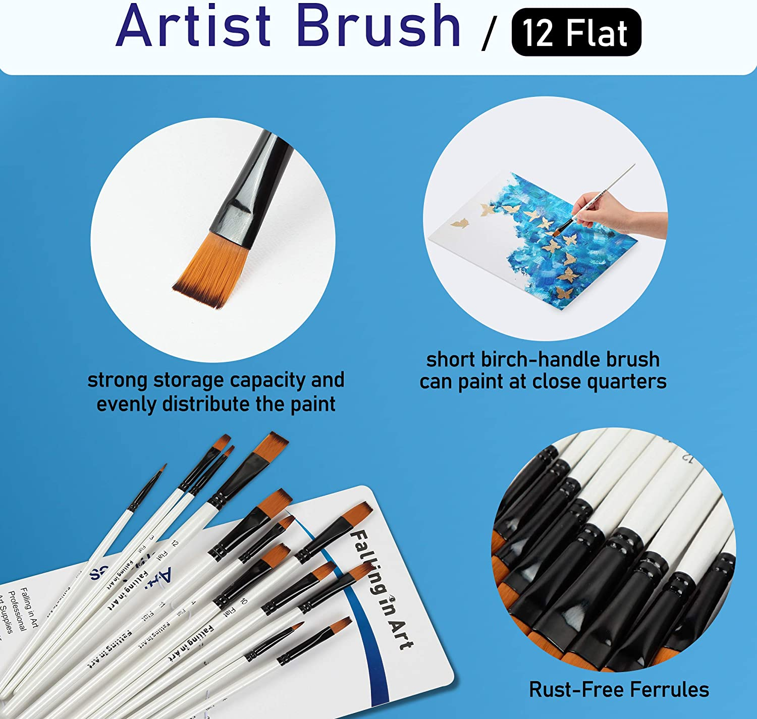 Falling in Art Paint Brushes Set, 12 PCS Nylon Professional Flat Paint Brushes for Watercolor, Oil Painting, Acrylic, Face Body Nail Art, Crafts, Rock Painting image number 6