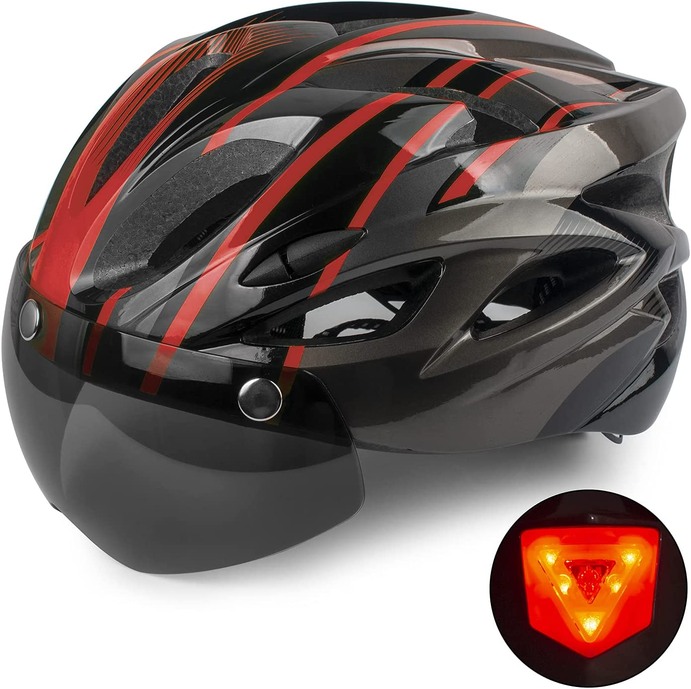 Shinmax Bike Helmet Men Women with Detachable Magnetic Goggles and LED Rear Light,Cpsc CPC Certificated Bicycle Helmet Adjustable Size Road Mountain Bike Helmet Lightweight Cycling Helmet SM-T13