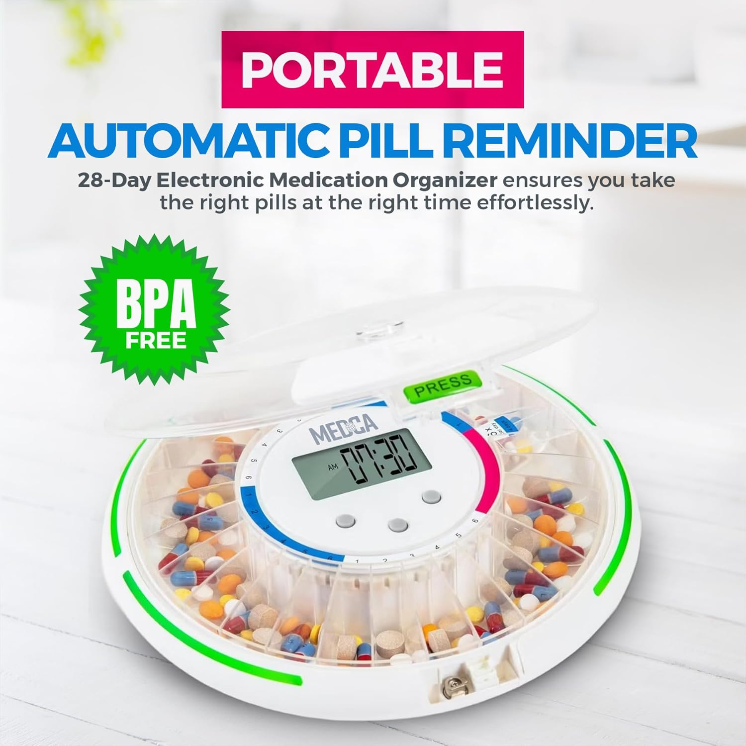 Automatic Pill Dispenser with 28-Day Electronic Medication Organizer - Lockable Key Pill Container with LCD Display, Light and Sound Reminder Alarm for Scheduled Medication for Seniors and Elderly image number 5