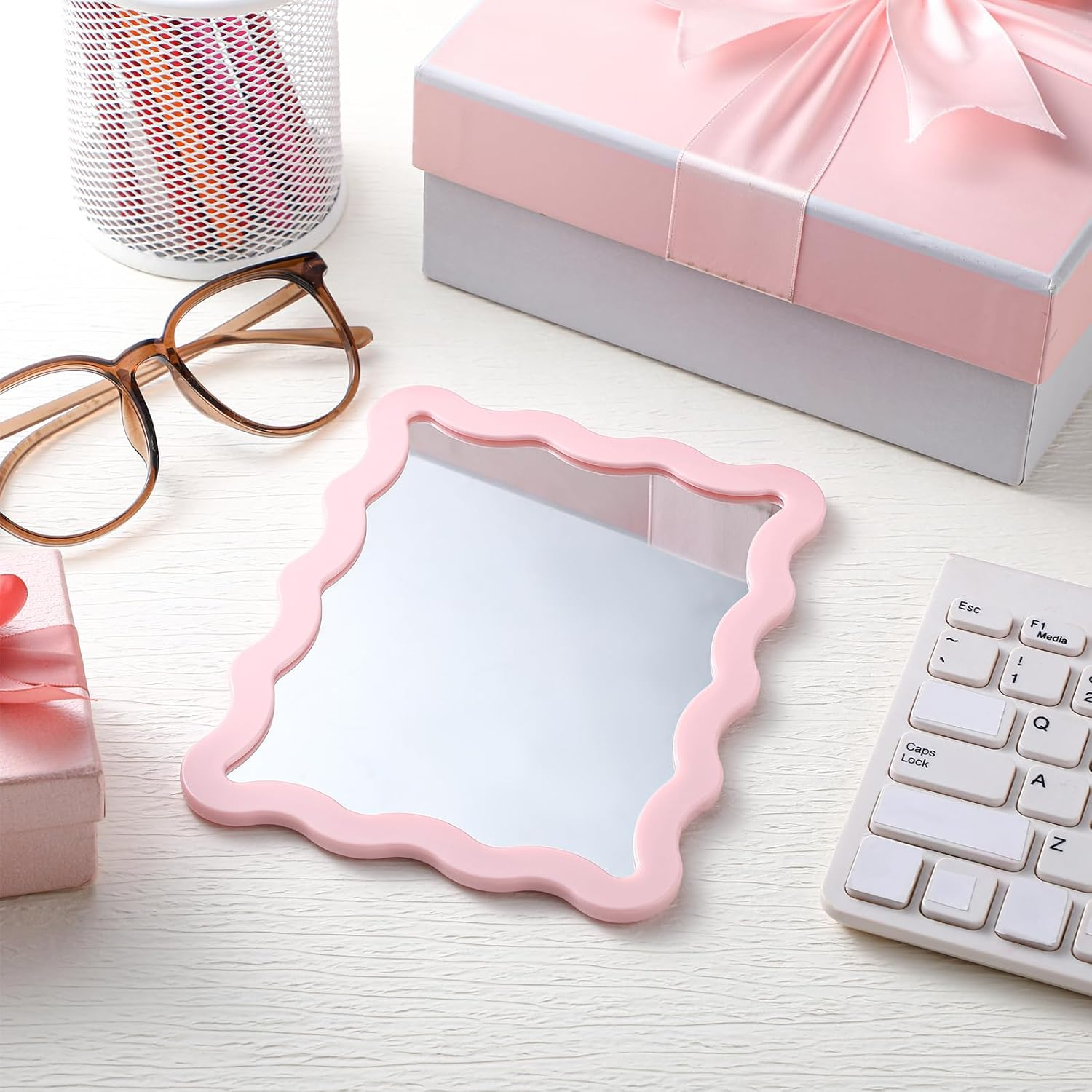 Leinuosen Scalloped Magnetic Locker Mirror 5''X7'' Small Real Glass Makeup Mirror with Magnetic Backing Cute Locker Decorations for Office Cabinet Lockers Accessories(Light Pink) - Blue image number 4