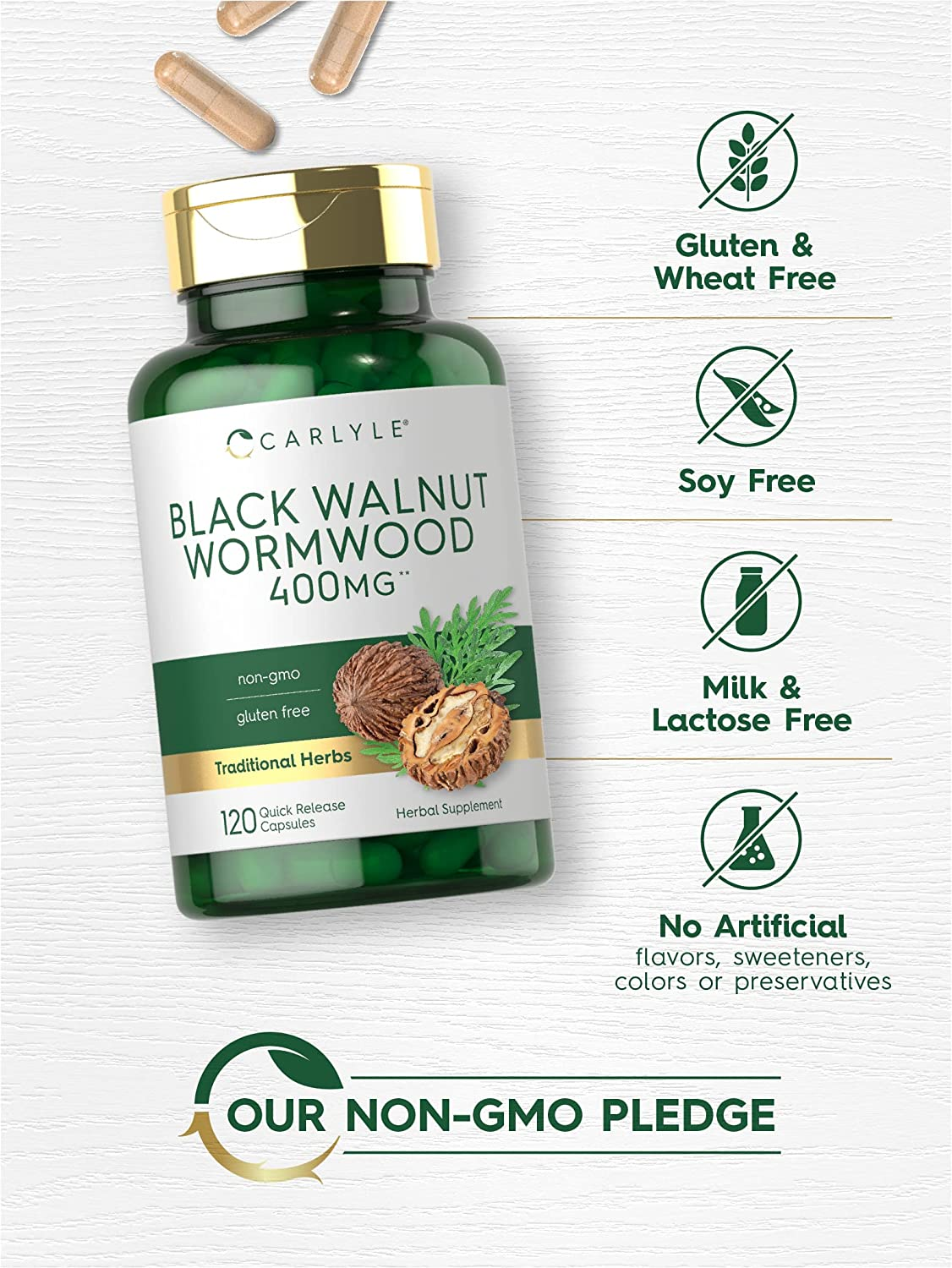 Black Walnut Wormwood | 120 Capsules | Herbal Complex | Non-Gmo, Gluten Free | by Carlyle image number 2