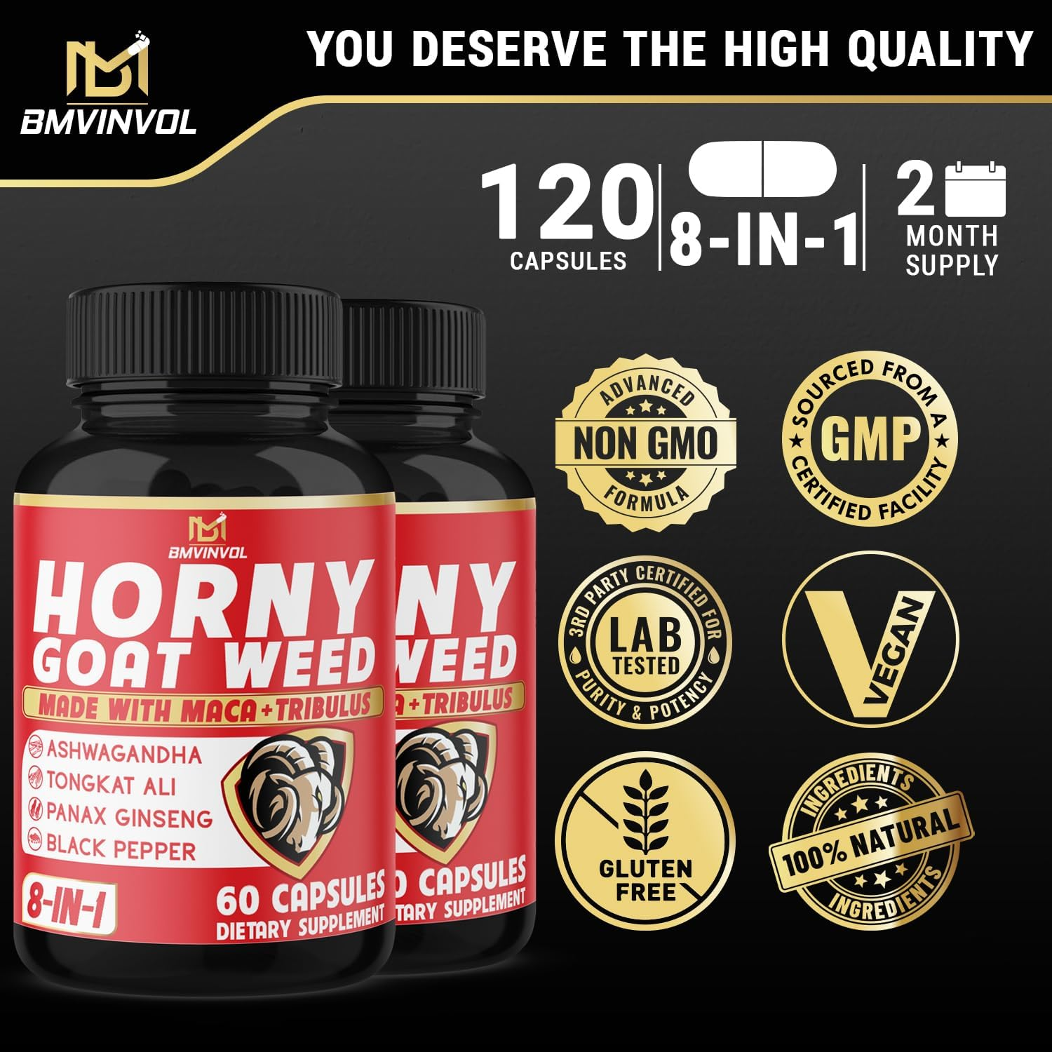 (2 Packs) Horny Goat Weed Capsules with Maca, Tribulus, Ginseng, Ashwagandha, Tongkat Ali - 120 Capsules image number 2
