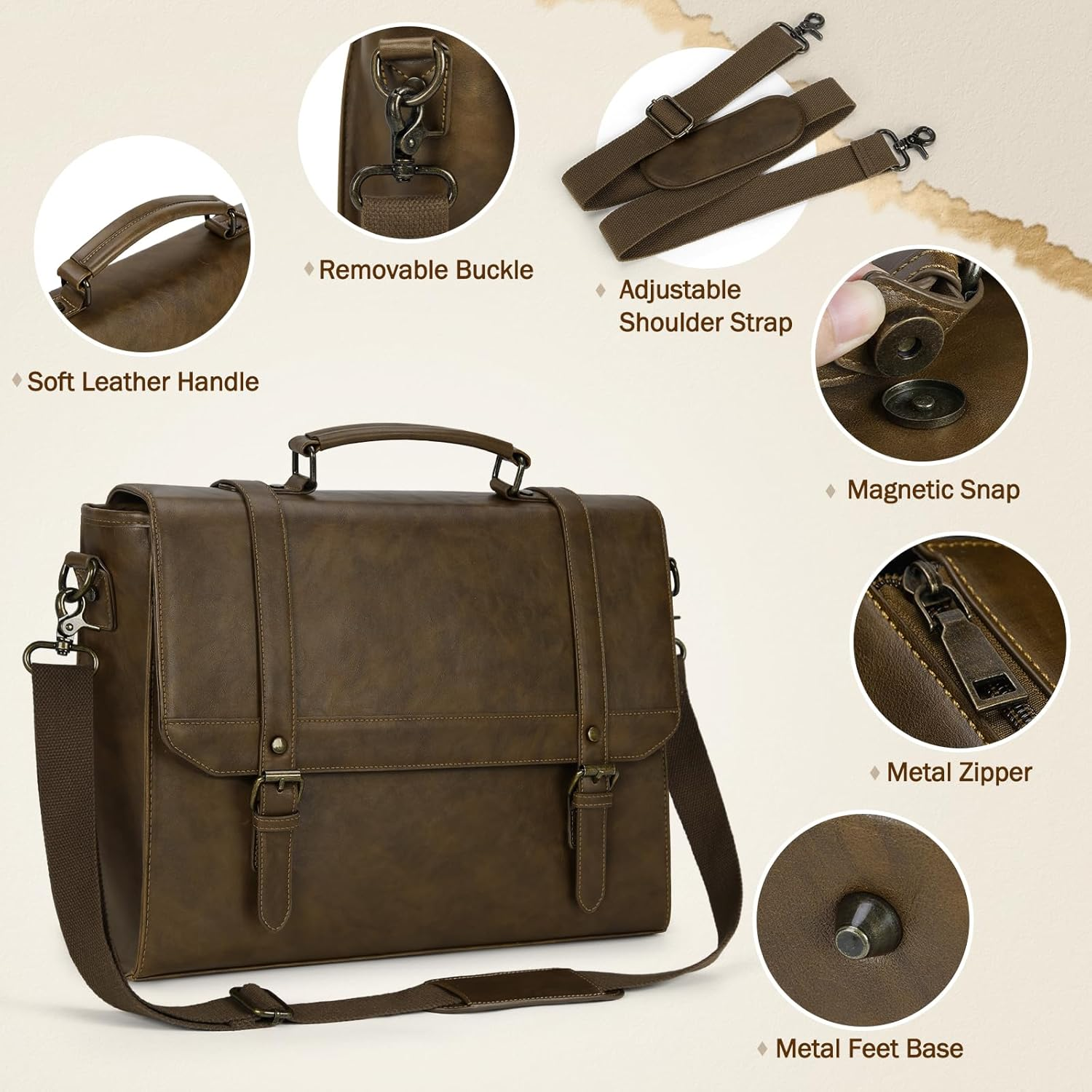 IGOLUMON Messenger Bag for Men 15.6 Inch Vintage Leather Waterproof Laptop Briefcase for Men Large Computer Laptop Bag Leather Satchel Bag Retro Shoulder Bag for Office Business Travel College, Khaki