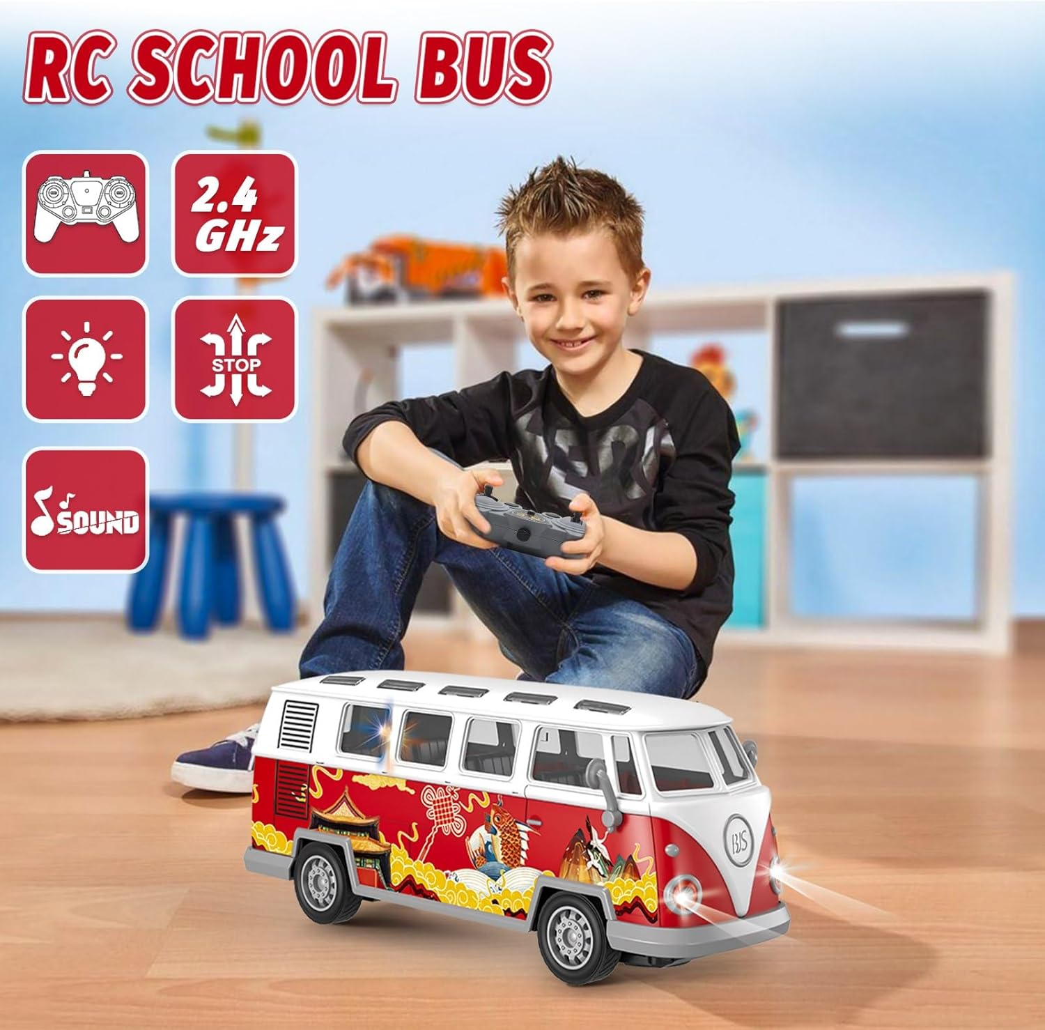 Spobot Remote Control Bus 2.4G Remote Control 1962 Volkswagen Classic Bus with Decals Retro Truck Model with Lights Sound Electric Vehicle Playsets Cars for Kids Toy image number 2