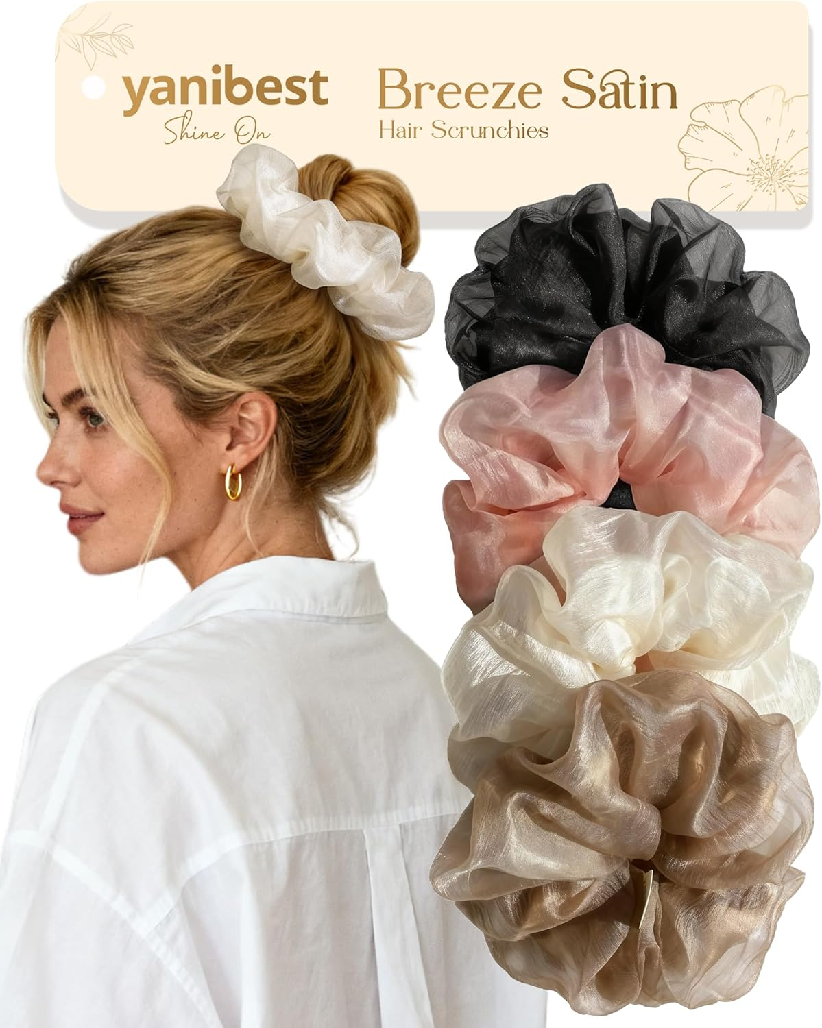 Yanibest 4 Pcs Breeze Satin Scrunchies - Hair Scrunchies for Women, Soft Ponytail Holders, No Crease Hair Ties Hair Accessories image number 4