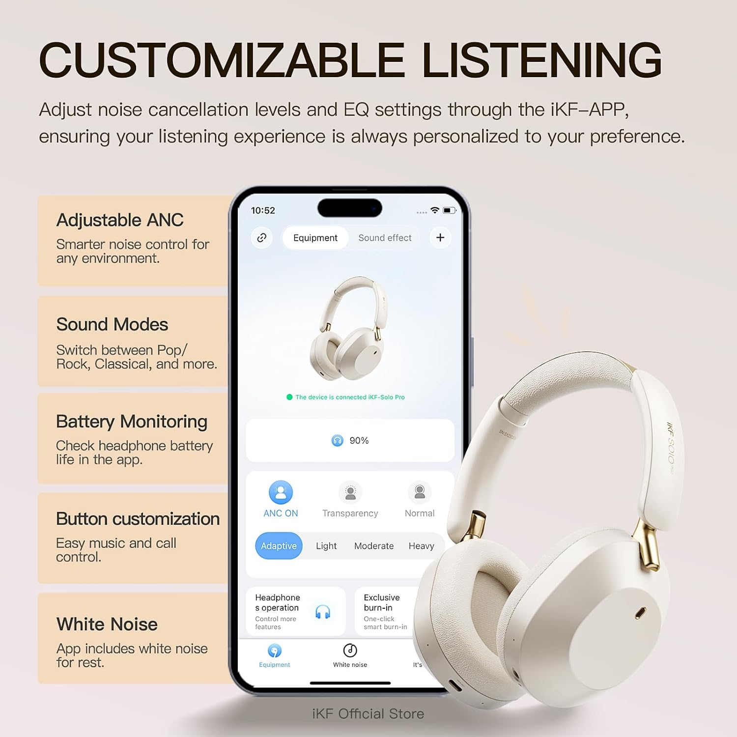 Ikf Solo Pro Adaptive Noise Cancelling Headphone, Wireless over Ear Bluetooth,Overhead Headset with Head Tracking, Hi-Res Audio, 140H Playtime, Comfortable Fit, Clear Call, Customize via an App image number 1