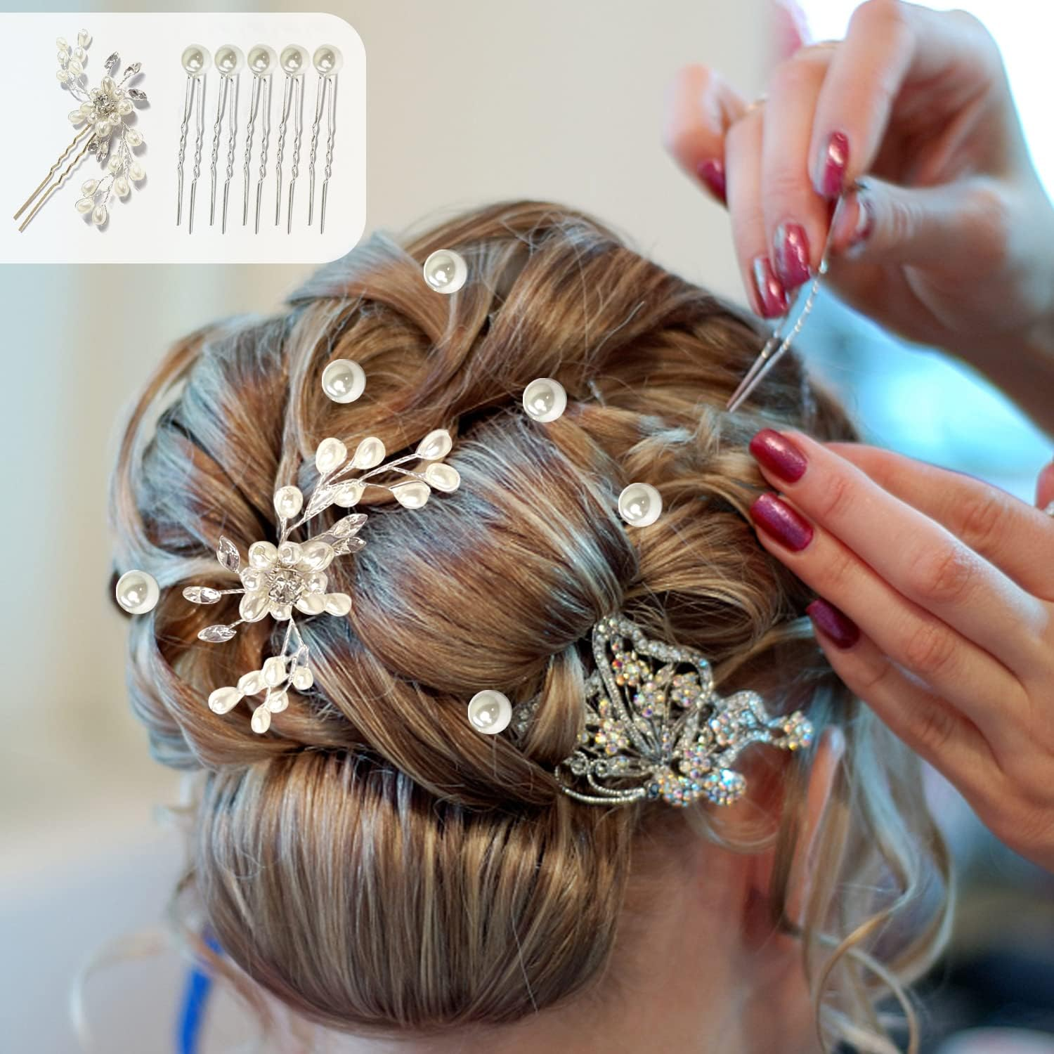 50Cm Vine Headband with 1 Piece Rhinestone Flower Hairpin and 5 Pieces U Shape Beaded Clips Vine Crystal Bridal Hair Accessories Suitable for Wedding (Silver)