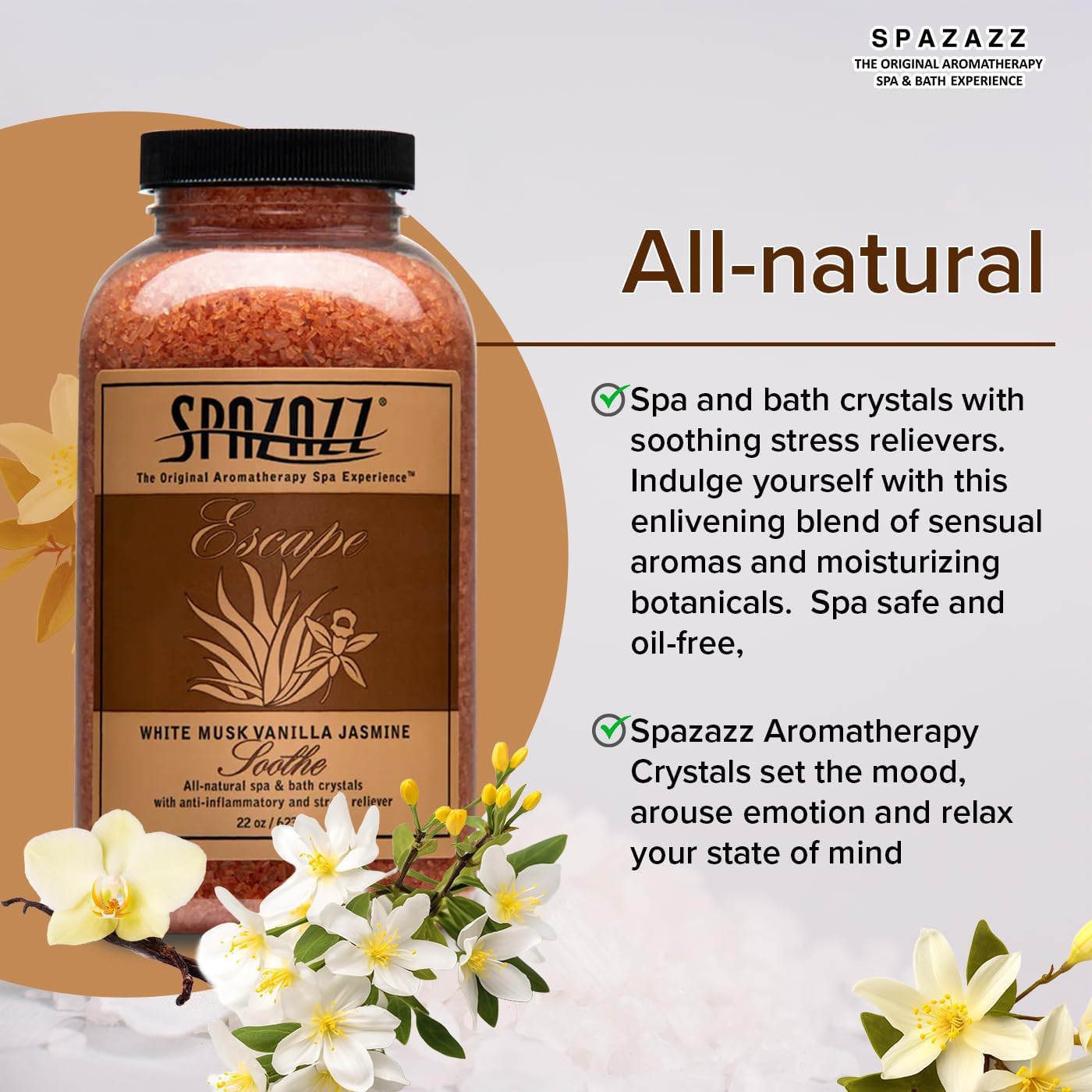 Spazazz SPZ-110 Escape Aromatherapy Crystals Container, 22-Ounce, White Musk Jasmine Vanilla Soothe image number 2