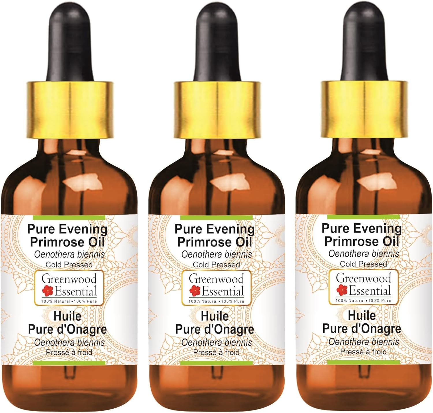 Greenwood Essential Pure Evening Primrose Oil (Oenothera Biennis) with Glass Dropper Cold Pressed (Pack of Three) 100Ml X 3 (10 Oz) image number 4