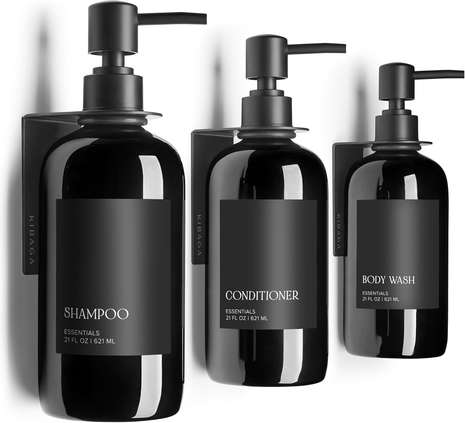 Stylish Shampoo and Conditioner Dispenser Set of 3 for Wall Mount - Modern Drill Free 21Oz Shower Soap Bottles with Labels - Easy Refill Body Wash Dispensers for an Instant Bathroom Decor Upgrade image number 1