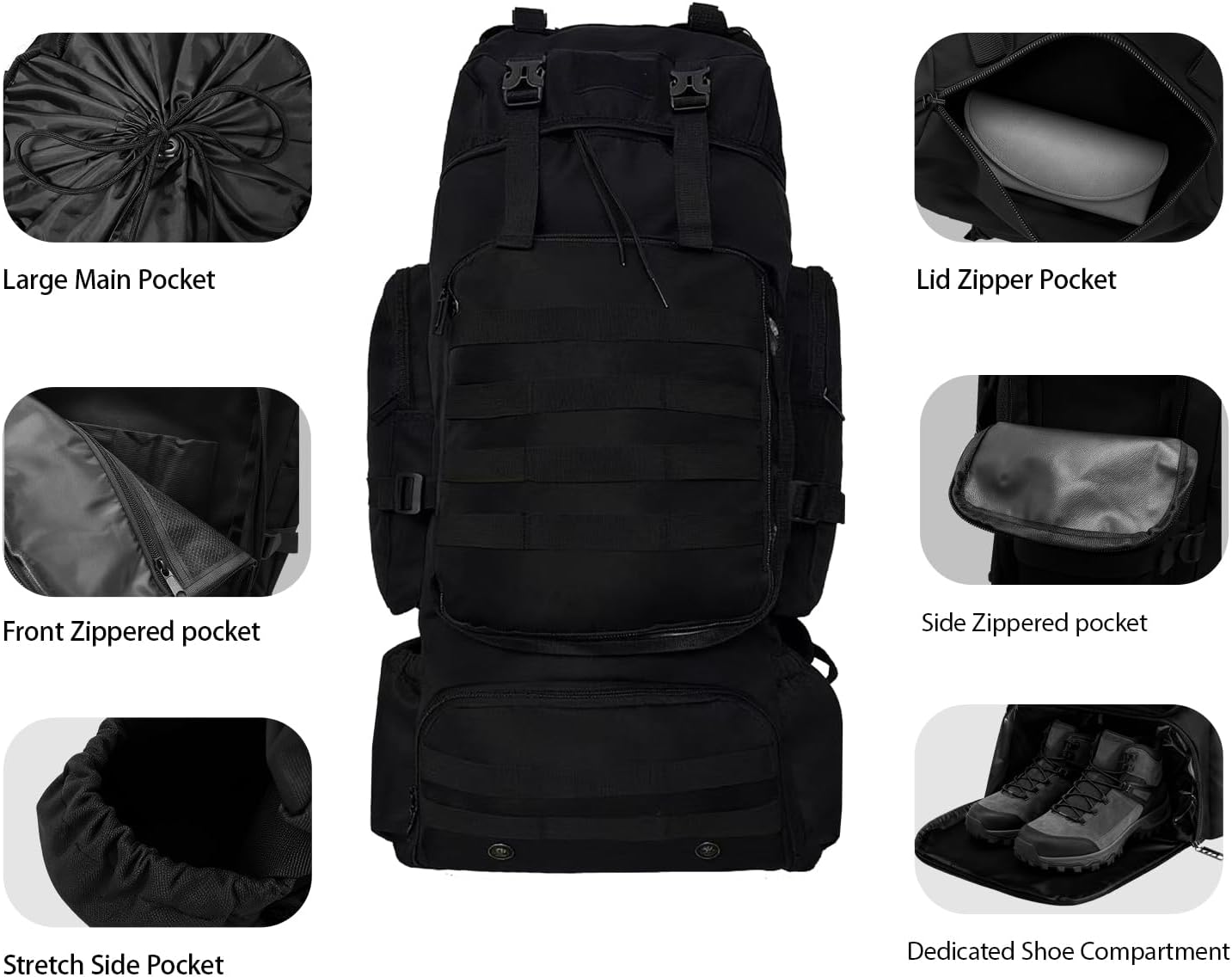Nayubo Tactical 80L Hiking Backpack with Dedicated Shoe Compartment - Large Capacity Rucksack for Camping Backpacking Men Women - Outdoor Trekking Travel Pack (Black) image number 4
