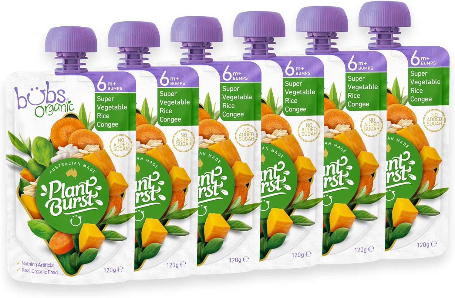 Bubs Organic Super Vegetable Rice Congee Pouch, 6+ Months Baby Food, Veggie Puree Snack, No Added Sugar, 120G (Pack of 3) image number 4