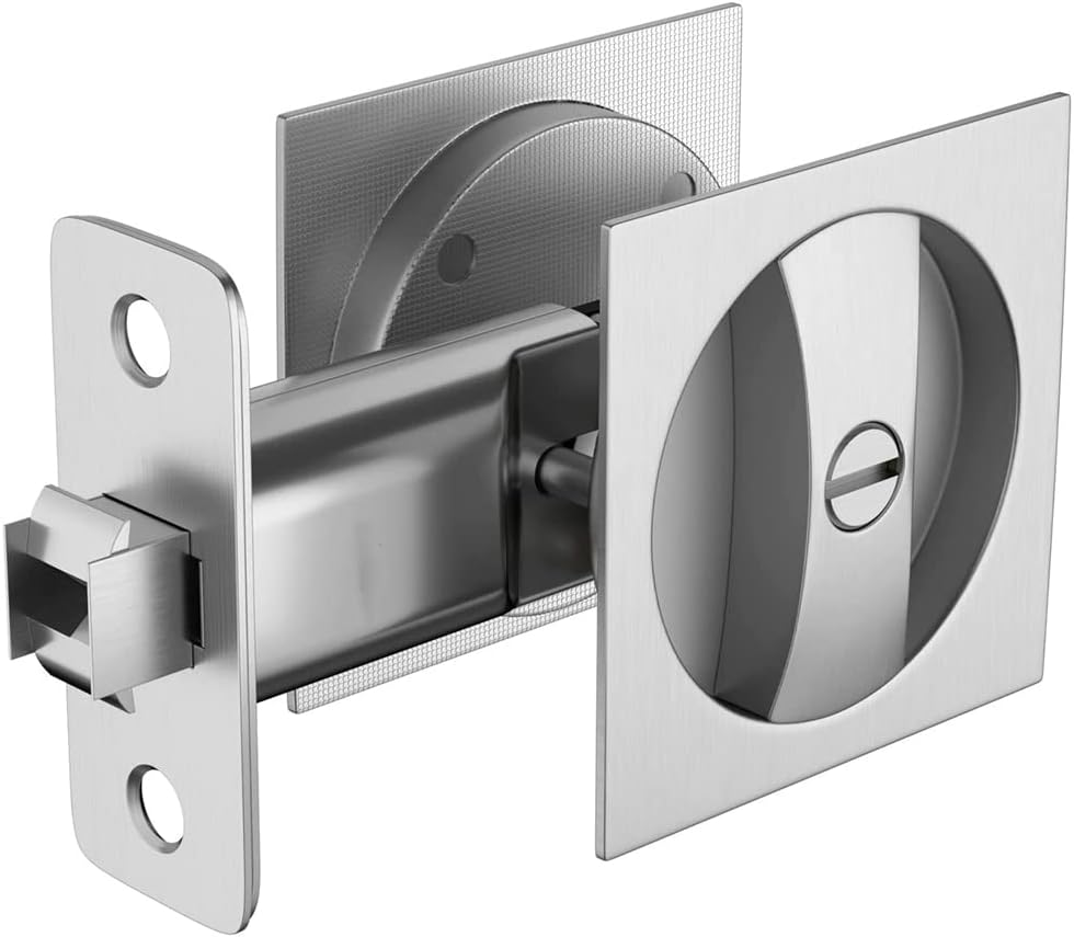 Bed/Bath Pocket Door Lock Silver Door Lock Satin Contemporary Privacy Square Pocket Door Hardware, Sliding Pocket Door image number 4