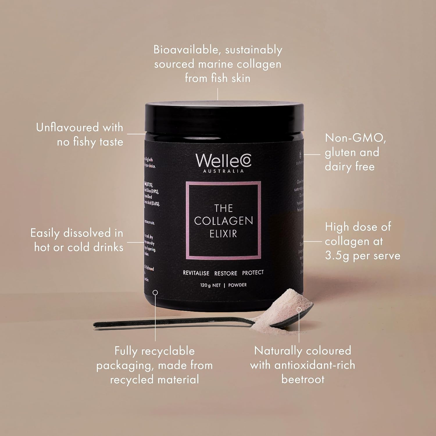 Welleco the Collagen Elixir, Marine Collagen Peptides Powder Supports Skin Hydration, Elasticity & Glow with Vitamin C, Hyaluronic Acid & Enzymes, Easy to Mix, Unflavoured, 120G image number 5
