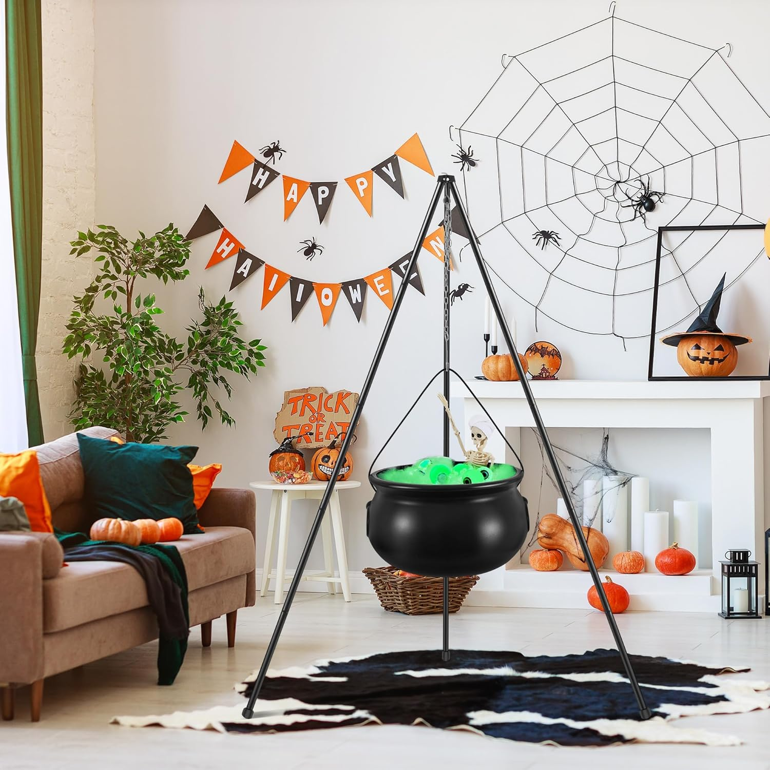 Halloween Decorations Outdoor Witches Cauldron, Large Cauldron on Tripod with String Lights, Skeleton and Eyeballs, Suitable for Halloween Party Indoor Porch Outdoor Lawn Yard Decor image number 1