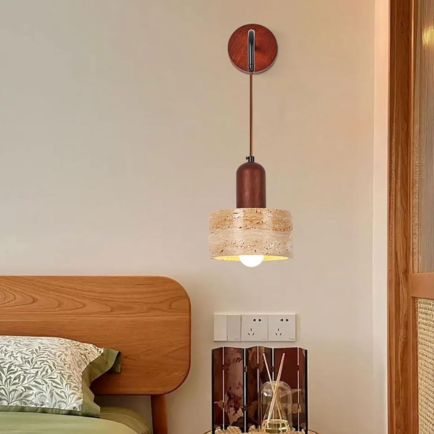 Wall Mounted Lamp Stone Lampshade Wall Lamp Adjustable Cord Height Bedside Wall Lamp E26 Travertine Wall Sconce Wall Lighting image number 6
