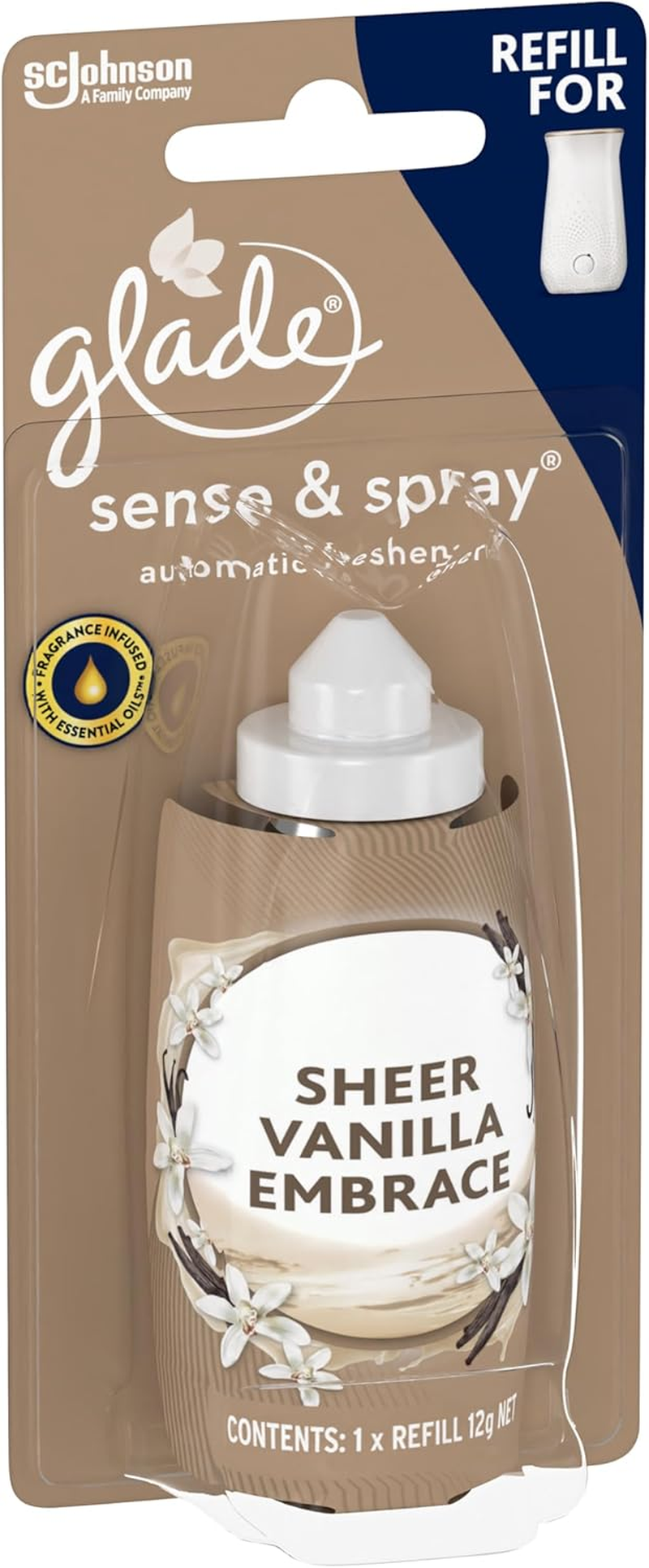 Glade Sense and Spray Refill, Use with Glade Automatic Air Freshener, Home Fragrance Infused with Essential Oils, Sheer Vanilla Embrace Spray Refill, 12G, 1 Pack image number 3
