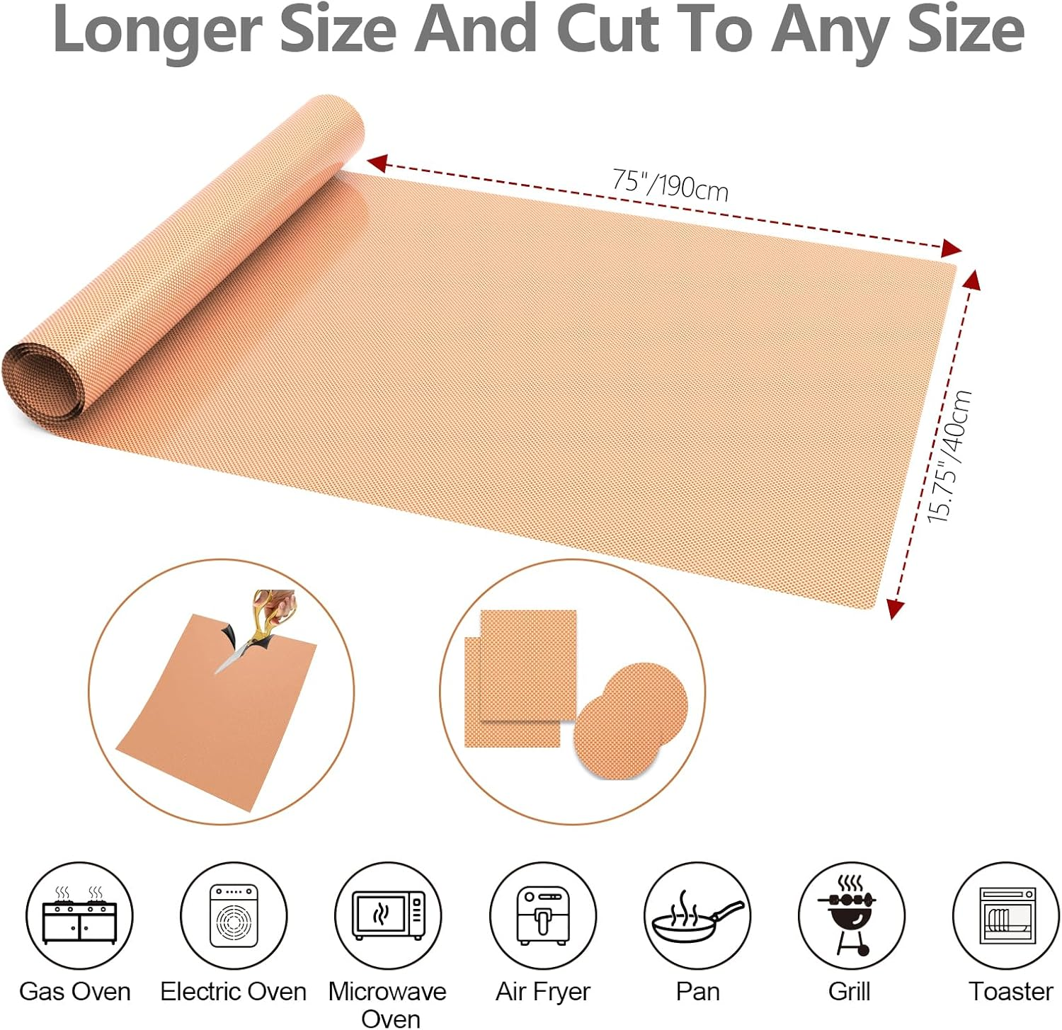 Cut to Size 16''X75'' (1,200 Sq. Inches) Oven Liners for Bottom of Oven, Non Stick Teflon Baking Mats, Reusable Kitchen Accessories for Gas Toaster Oven, Grills, Air Fryer Liners