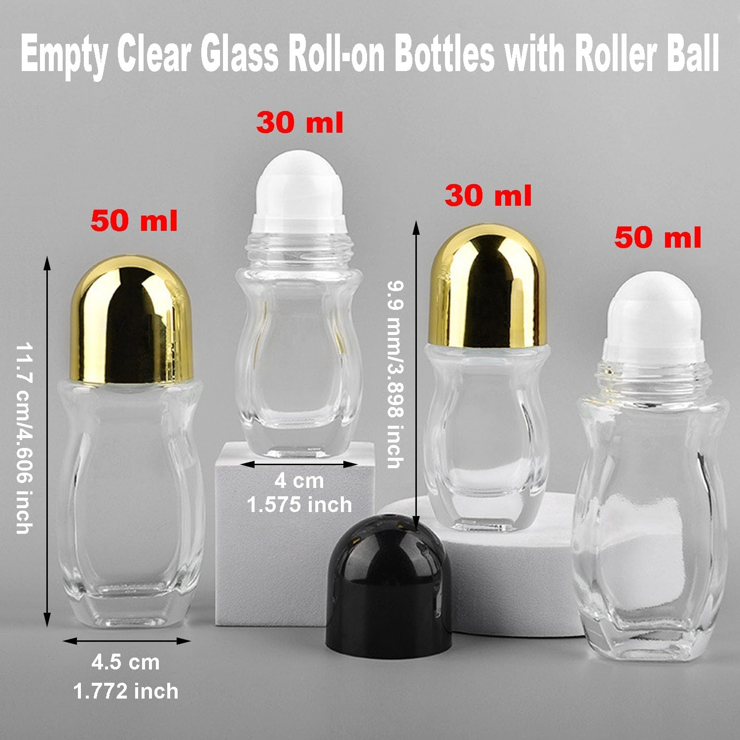 Taicols Glass Roller Bottles, 5 Pcs Empty Clear Glass Roll-On Bottles with Roller Ball, Deodorant Essential Oils Roller Vial Jars/Bottles, Essential Oil Roller Bottles (Gold(50Ml)) - Black(30Ml) image number 4