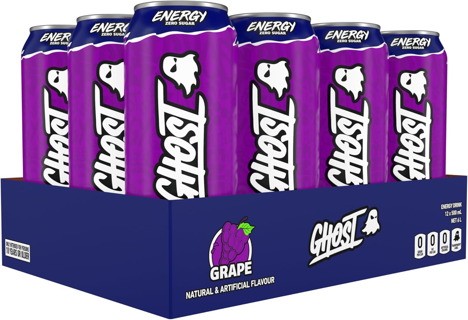 GHOST Energy Drink - 12-Pack, Grape, 500 Ml Cans - Energy & Focus & No Artificial Colours - 160Mg of Natural Caffeine - Vegan image number 2