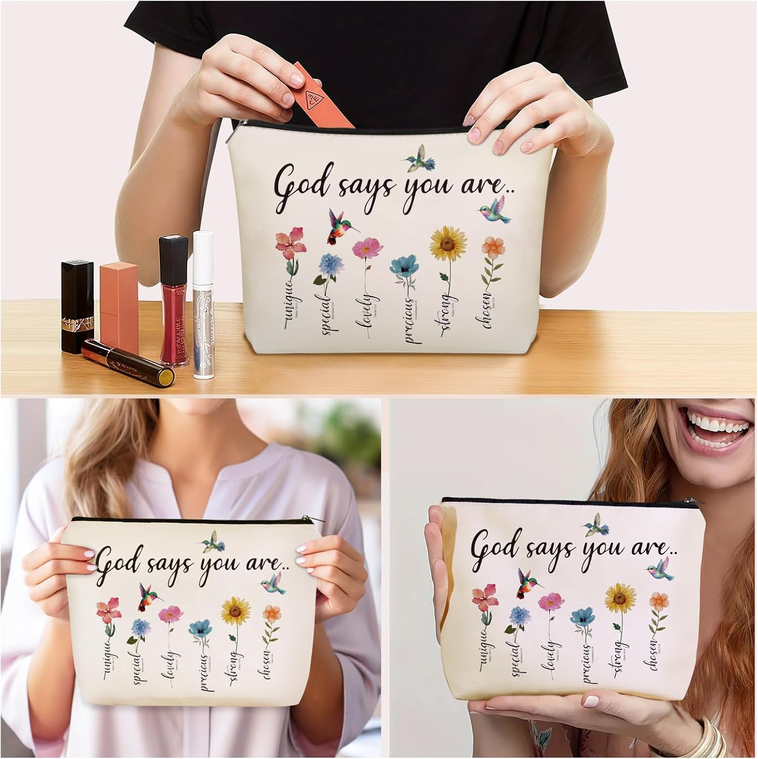 Girlly God Says You Are Scripture Makeup Bag Christian Valentines Day Gift: Inspirational Bible Verse Cosmetic Bag, Affirmations & Encouragement Gifts, Flower Bird Themd Birthday Gifts for Women Girls image number 2