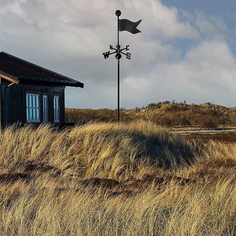 Exquisite Weather Vane Flag Weather Vane Wind Direction Indicator, Retro Flag Shape Carved Design Stainless Steel Wind Direction Black Metal for Garden Backyard Roof