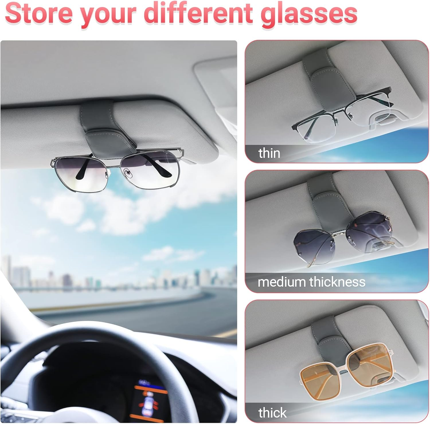 Kansmart Sunglass Holder for Car Visor Sunglasses Clip Magnetic Leather Glasses Eyeglass Holder Auto Interior Accessories Universal for SUV Pickup Truck -Gray