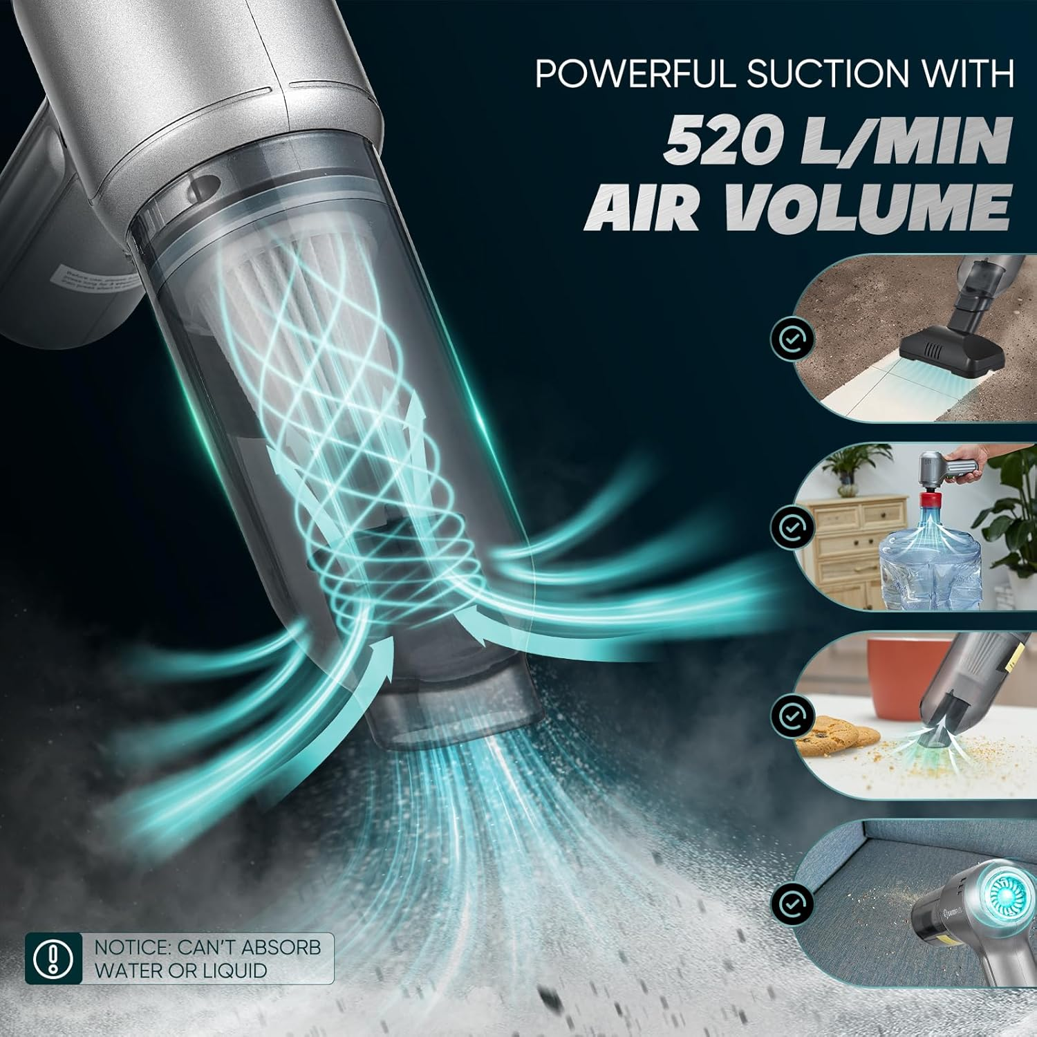 Sakerplus Car Vacuum Cleaner-Wireless Handheld Car Vacuums with Best Suction,Brushless Motor 12000PA Maximum Power,3 in 1 Mini Portable Vacuum Cleaner Cordless for Home,Office,Kitchen,Cars image number 6