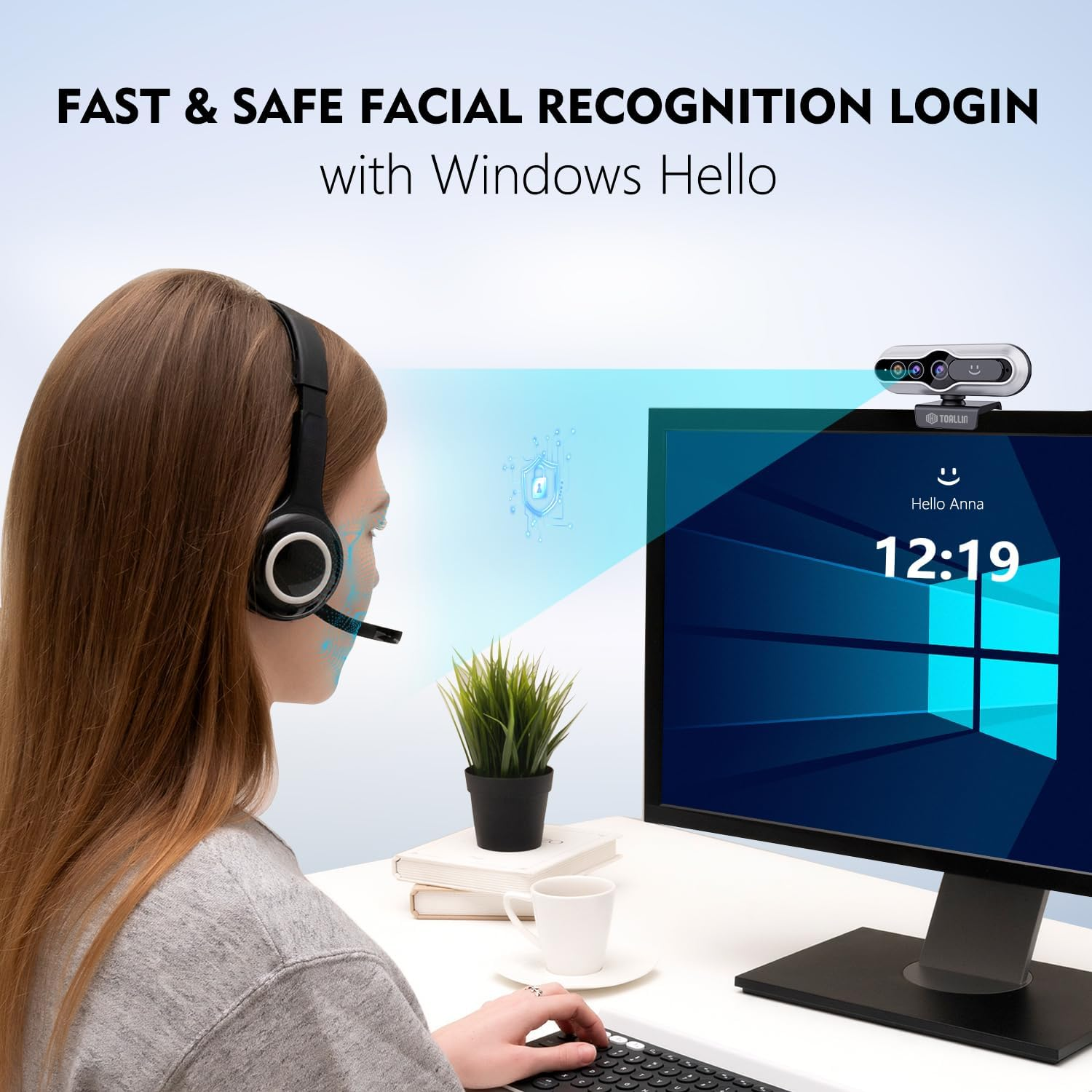 TOALLIN 2K QHD Webcam with Windows Hello, Facial Recognition Web Camera, 5 Million Pixels, Auto-Focus Computer Camera, USB Webcam with Microphone & Privacy Shutter