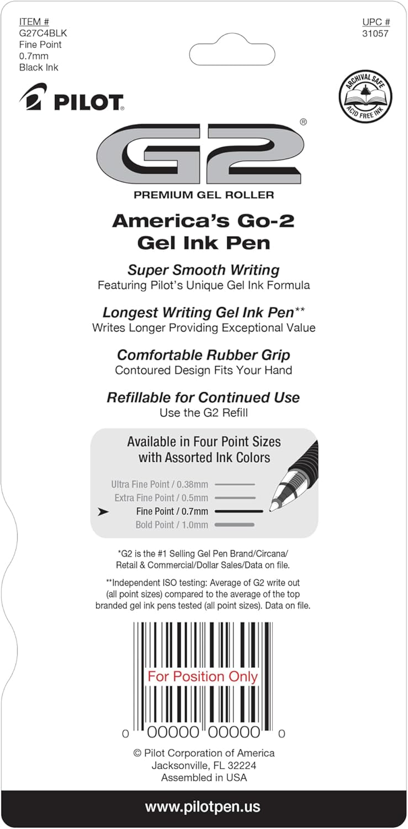 PILOT G2 Premium Refillable & Retractable Rolling Ball Gel Pens, Fine Point, Black Ink, 4-Pack (31057)