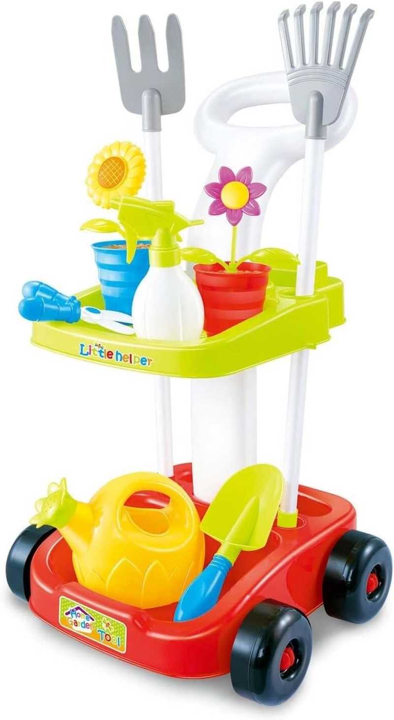 Lenoxx Garden Toy Cart for Kids with Gardening Tools | Educational Toys for Children | Pretend Play Toys for Kids | Two Shelves | 2 Rakes, 2 Flower Pots, Watering Spray Bottle, Scissor & Shovel