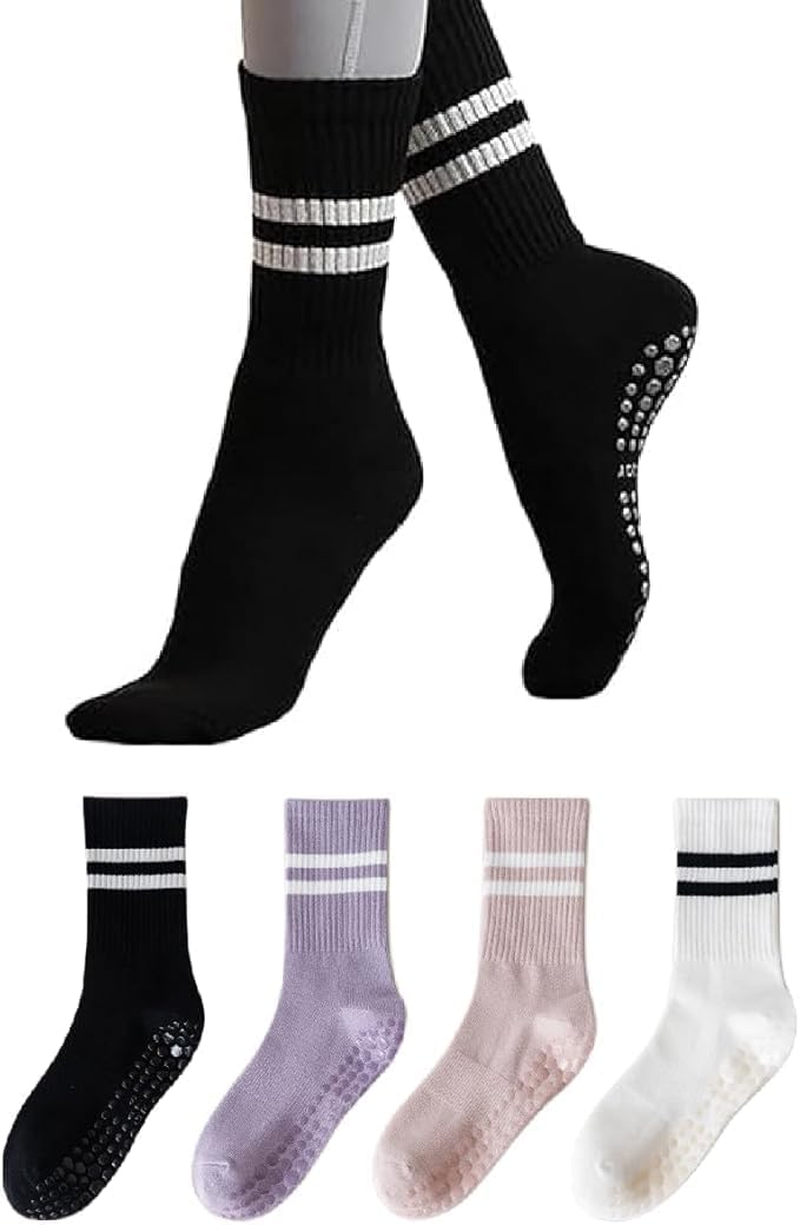 4 Pairs Womens Pilates Socks with Grips Non Slip Yoga Socks Barre Gym Athletic Grippy Socks for Women