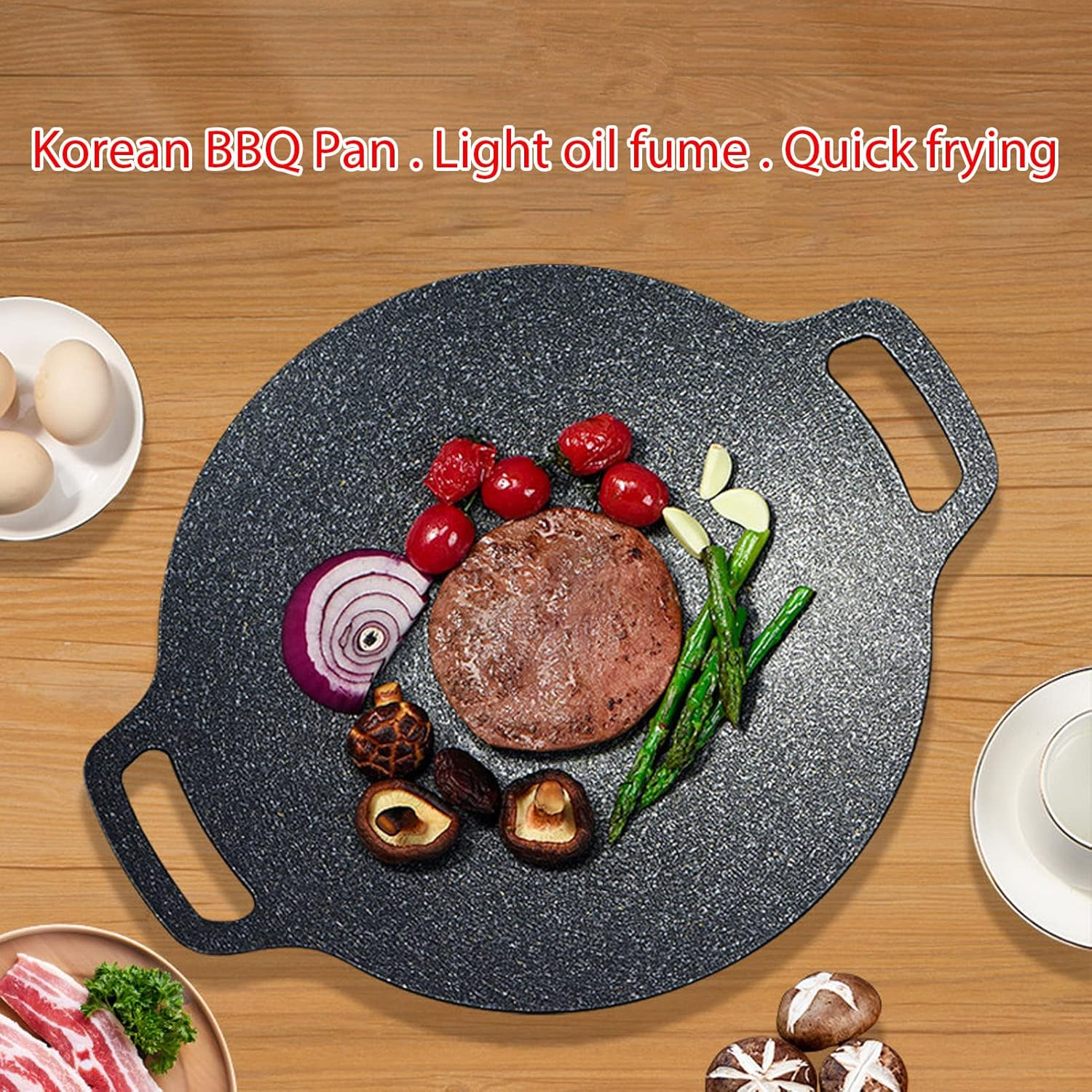Aluminum round Griddle Grill Pan, Medical Stone Coating Easy to Clean Reusable Korean Grill Pan Nonstick with Food Clip for Outdoor (38Cm) image number 3