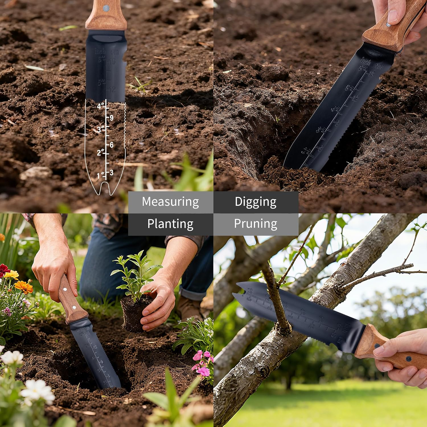 WILLKOMMEN Hori Hori Garden Knife- Garden Tools with Oxford Cloth Sheath, 7" Stainless Steel Blade,Full Tang Beechwood Handle, Ideal for Transplanting, Division, Weeding & Root Care (Forked Tip) image number 5