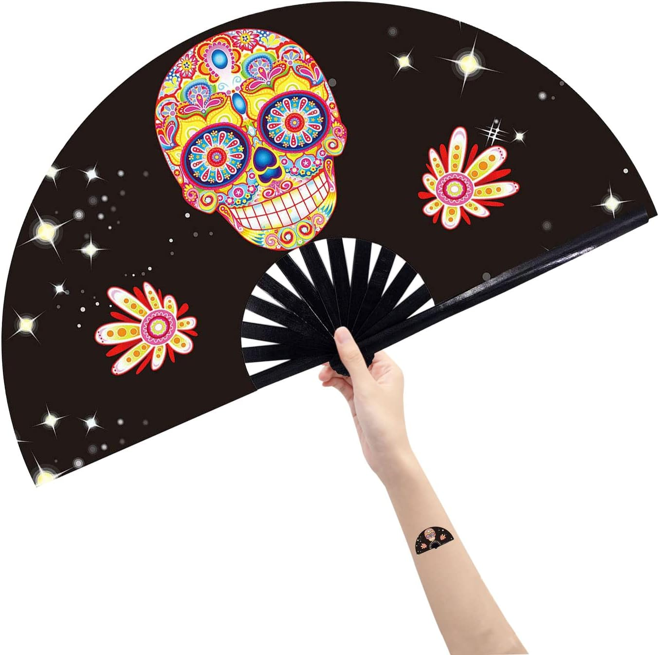 Amajiji Large Folding Hand Rave Fan for Women/Men, Chinease/Japanese Bamboo and Nylon-Cloth Folding Hand Fan, Hand Fan Festival Fan Gift Fan Craft Fan Folding Fan Dance Fan