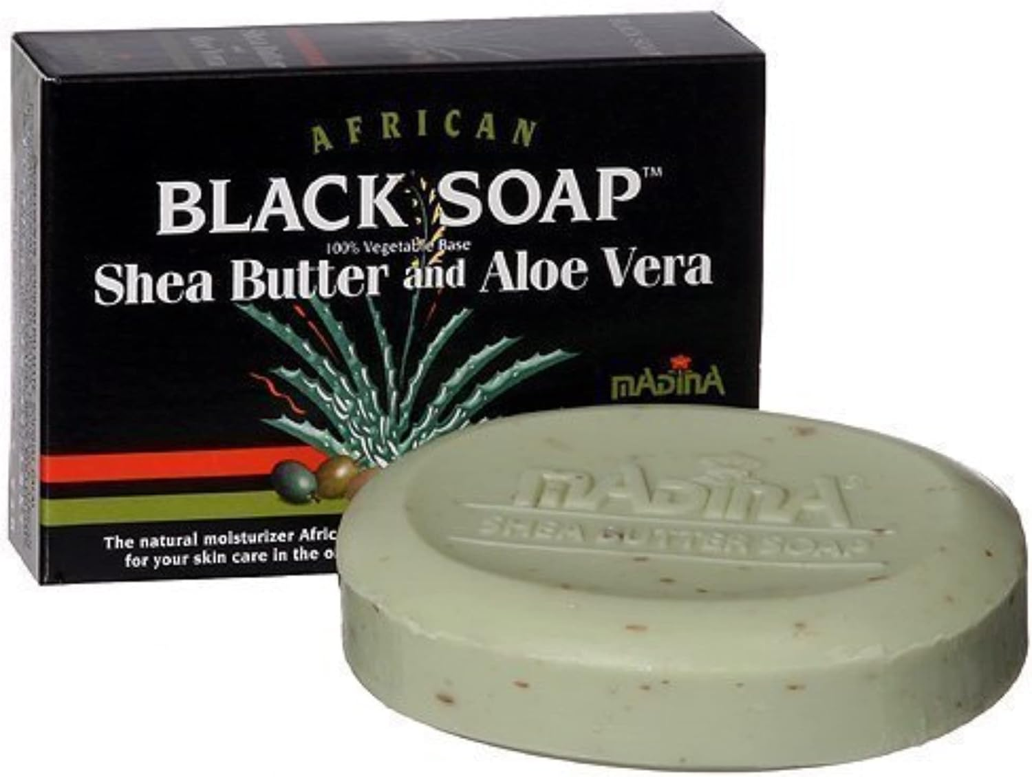 African Black Soap with Shea Butter & Aloe Vera by Madina 100% Vegetable Base 3.5 Oz (3 Bars)... Iwgl