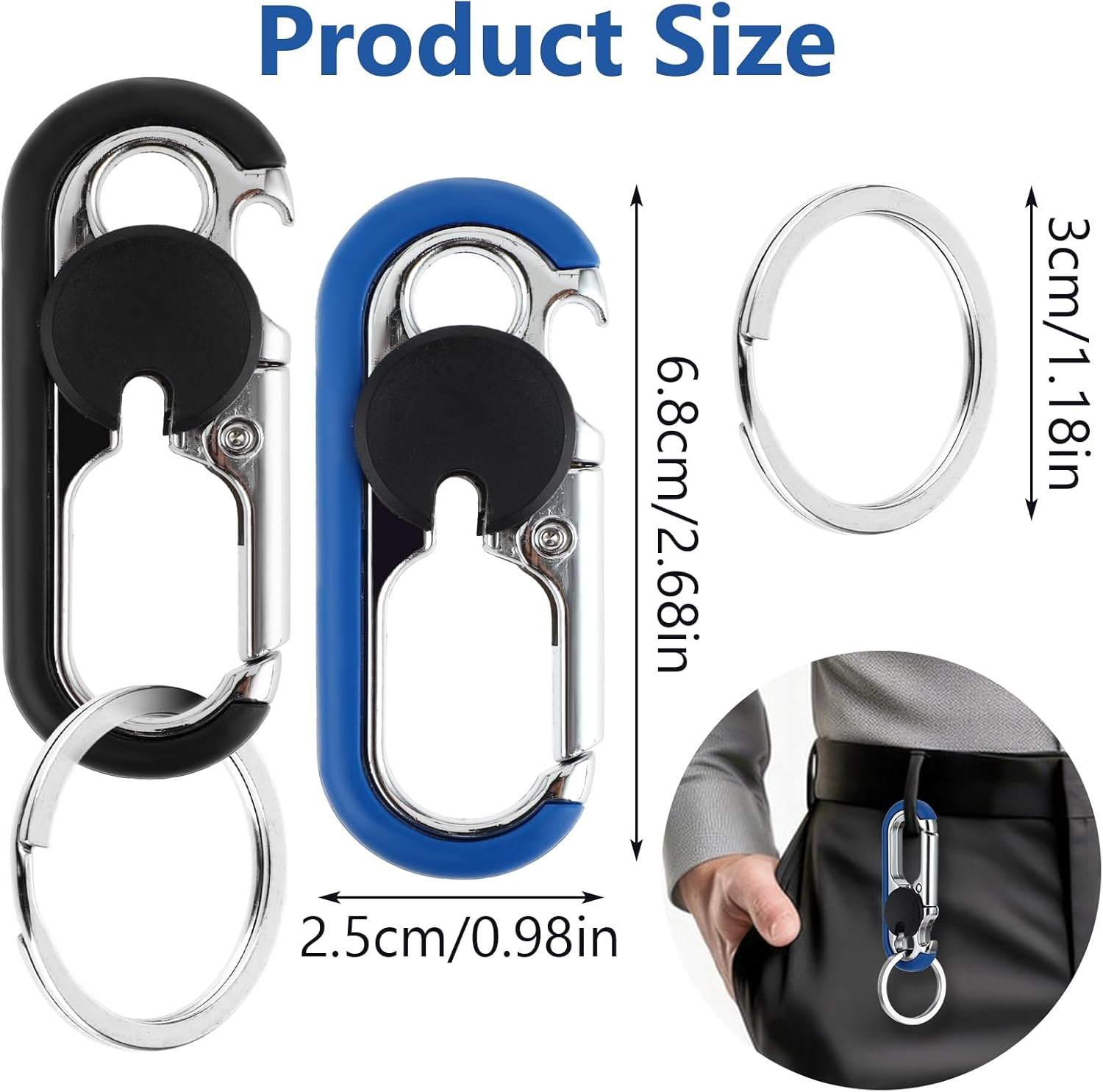 Ouligay 2Pcs Key Chains for Men, Anti-Loss Car Key Chain with Hook, Car Keyring with Double Keyrings Personalized Heavy Duty Key Ring(Black and Blue), Black Blue image number 4