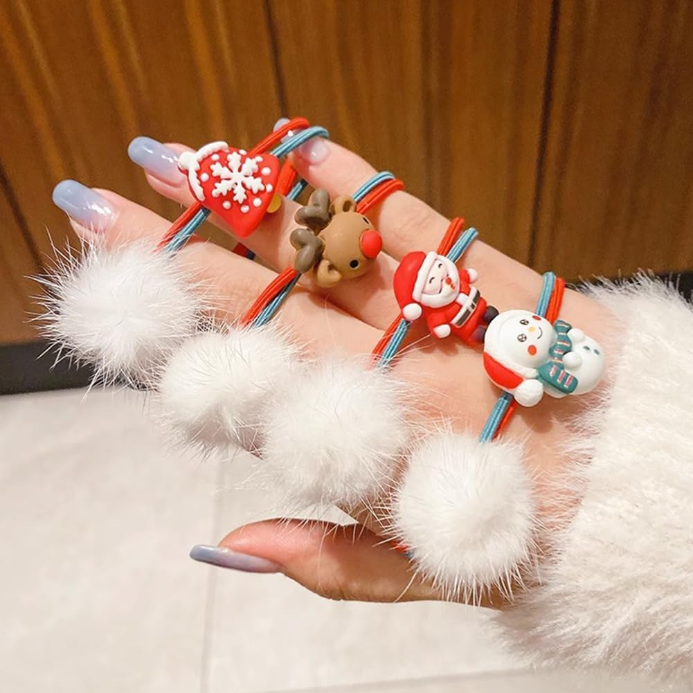 BRTNUP 5Pcs Pom Pom Hair Ties for Girls Christmas Elastic Hair Ties Ponytail Holders Hair Scrunchies for Women Girl Kids Hair Accessories image number 2