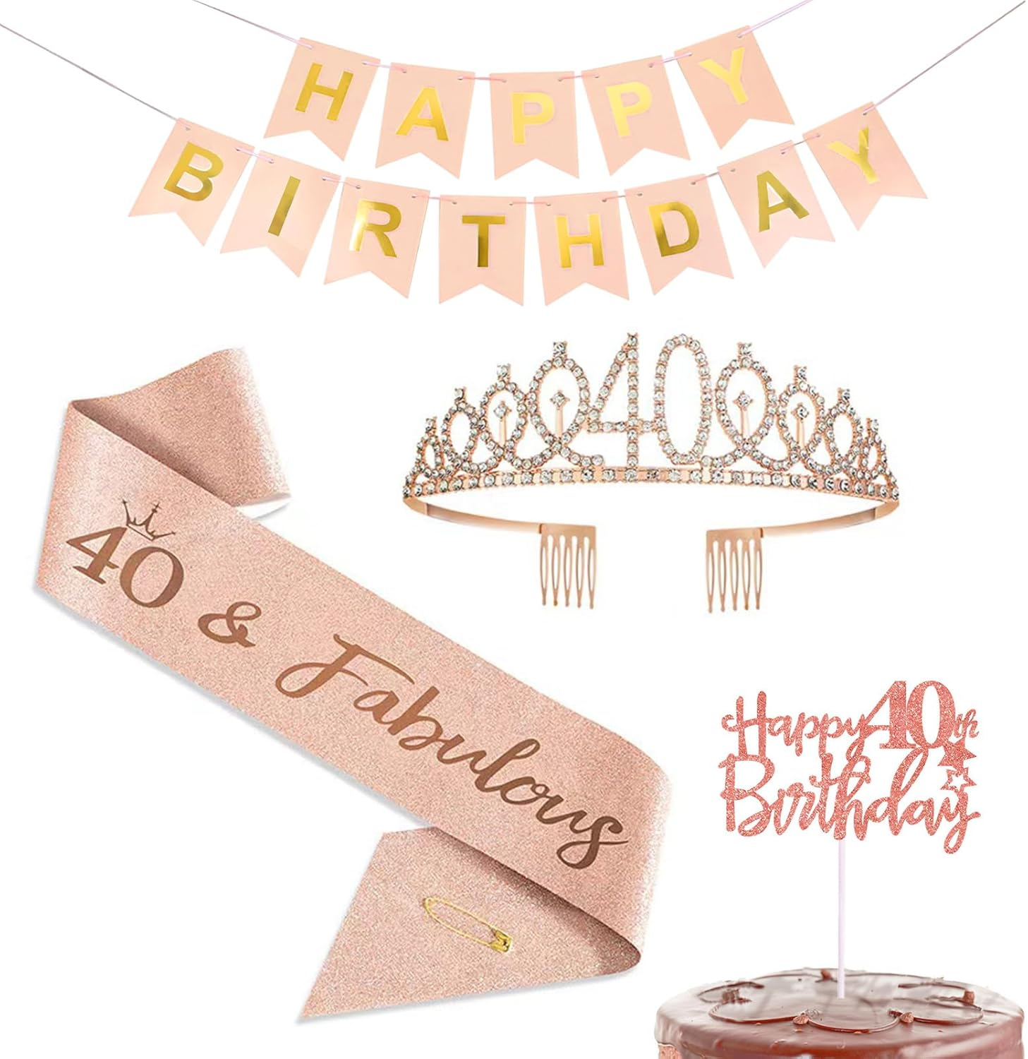 Happy 40Th Birthday Party Favor Supplies for Women,Rose Gold Tiara Birthday Sash and Happy Birthday Banner Cake Topper Elegant Decorations for Fabulous 40Th Celebration Exquisite(40Th) image number 1