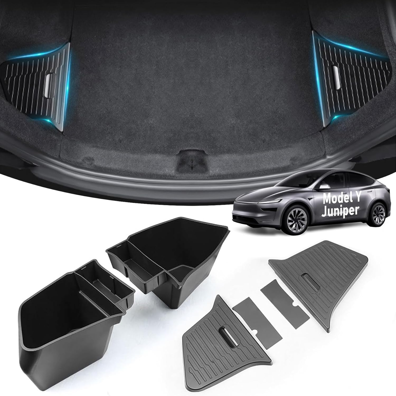Car Rear Trunk Organizer with Lids for Tesla Model Y Juniper 2025 2026 TPE Side Cargo Storage Boxes TPE Waterproof Boot Tidy Bins Interior Accessories (Black) image number 1