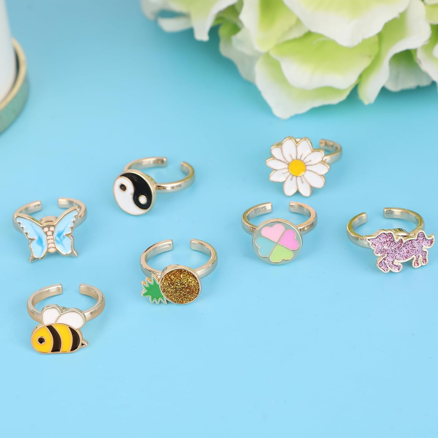 Mjartoria 7Pcs Fidget Rings for Anxiety, Shell Butterfly Unicorn Flower Stainless Steel Spinner Ring Set for Teen Girls Mood Rings Stress Relieving Wide Rings Set - Blue image number 5