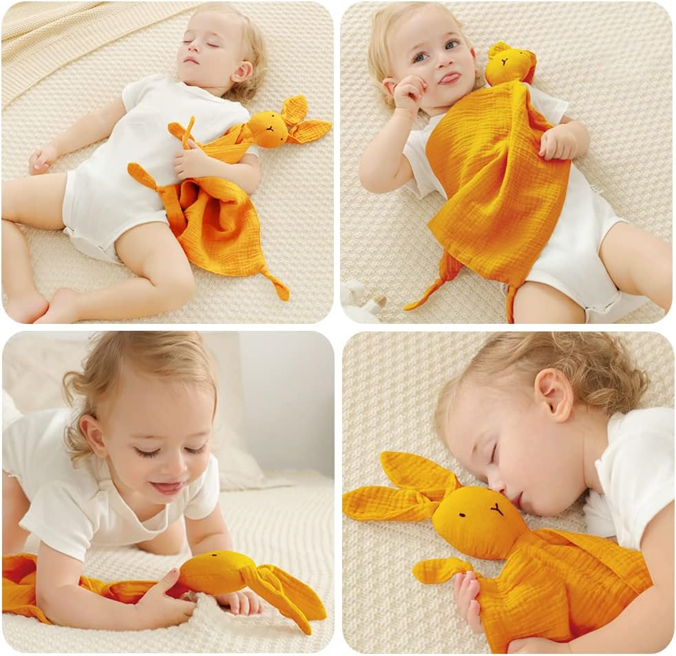 Organic Cotton Muslin Lovey Blanket, Organic Cotton Muslin Bunny Security Blanket Soft & Breathable Lovie Baby Gifts for Boys and Girls (Orange) - Yellow image number 3