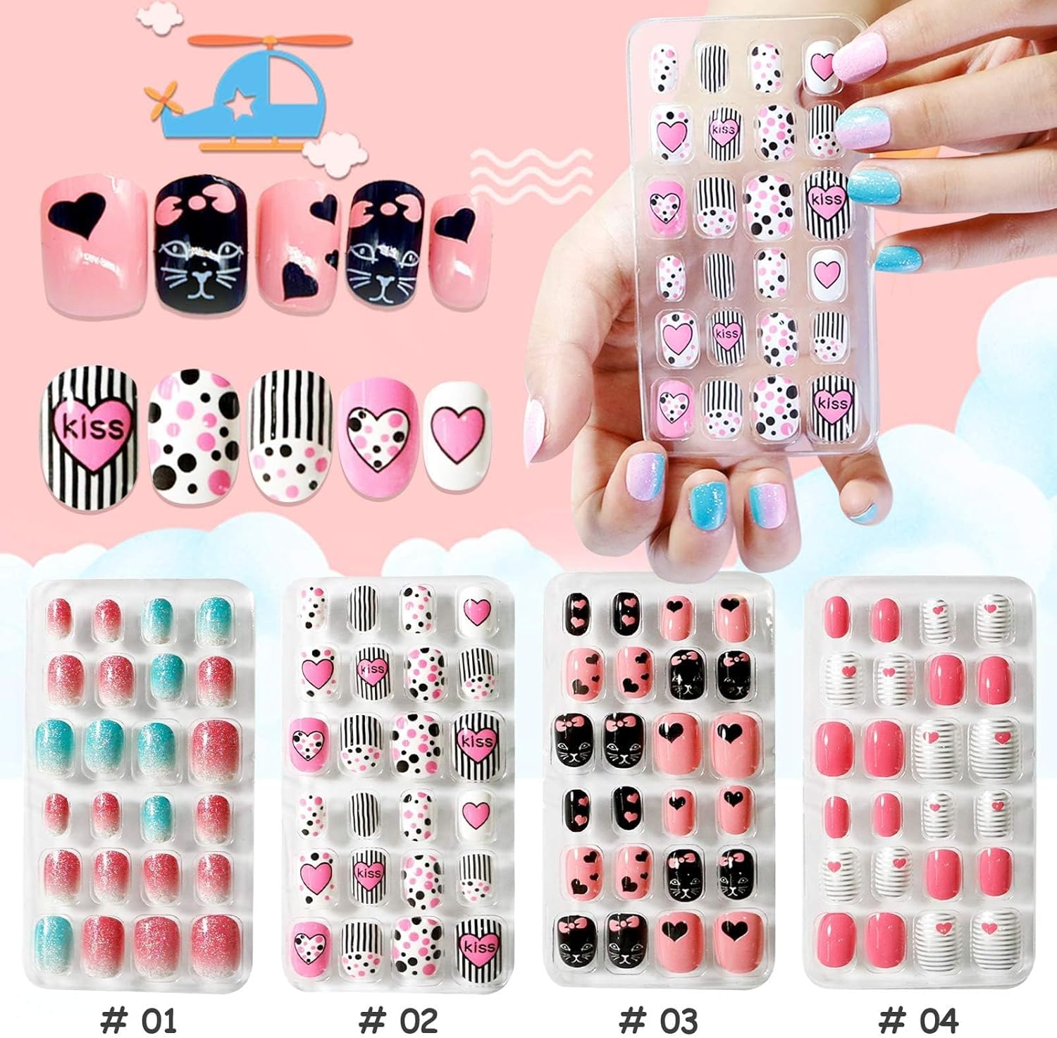 288 Pieces Press on Nails Kids, EBANKU Girls Fake Nail False Nail Tips Pre-Glue Full Cover Candy Pattern Short False Nail Kits with 48PCS Nail Adhesive Tabs for Kids Girls Lovely Gift image number 2