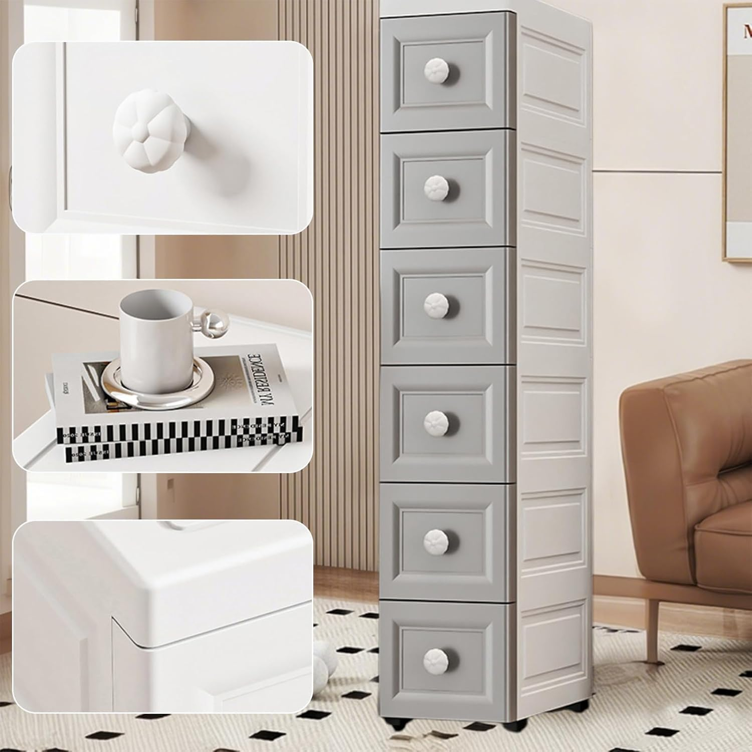 Uandhome 6 Tier Slim Narrow Bathroom Cabinet,Plastic Bathroom Storage Cabinet,Standing Storage Cabinet with Slide Out Drawers,Waterproof Storage Cabinet for Bathroom,Living Room,Kitchen (Grey) - Grey image number 6