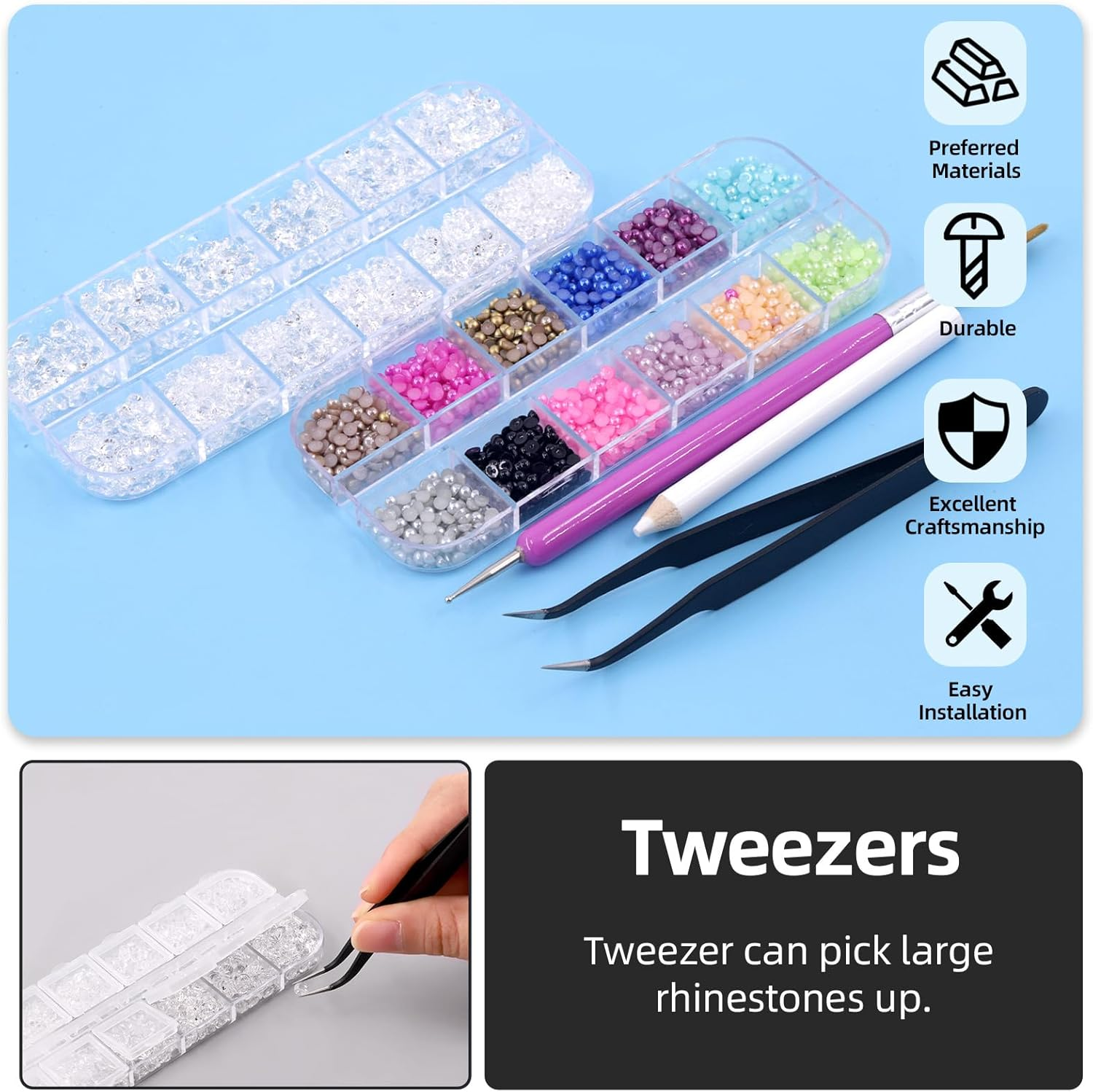 Glarks 4403Pcs Rhinestone Gems and Flat Back Pearl Set, 2MM 3MM 4MM 5MM Clear-White Flat Back Gems Crystal Rhinestones, 3MM Flatback Pearl Half Pearl Half round Flat Back Pearl with 3Pcs Tools - Dark Blue image number 5