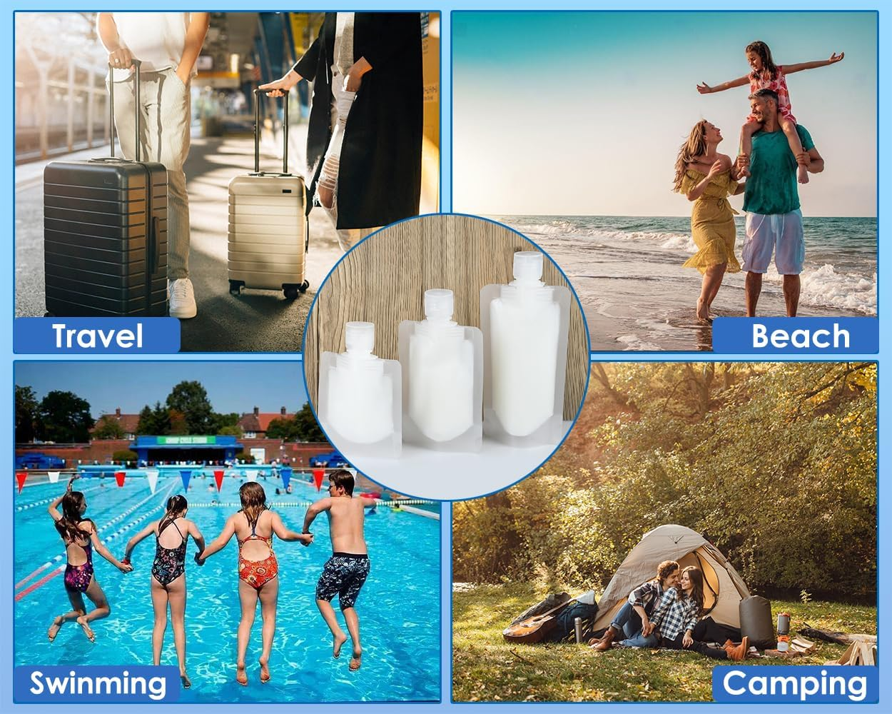 DS. DISTINCTIVE STYLE Travel Pouches for Toiletries Set of 15 Pieces - 30 Ml/50 Ml/100 Ml Portable Travel Liquid Pouch Squeeze Refillable Travel Containers for Conditioner, Lotion and Soap Liquids image number 5