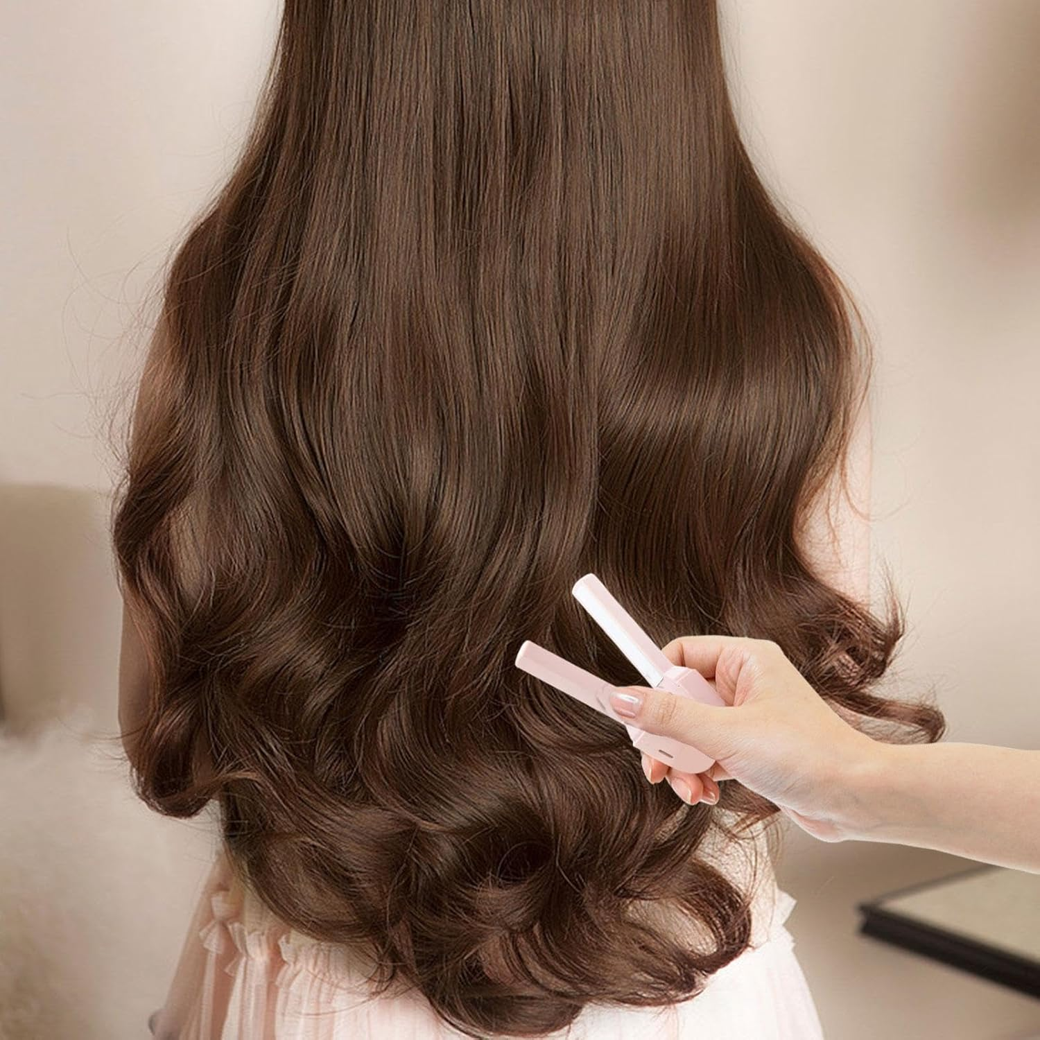 Flat Iron USB Powered Small Travel Curling Iron | Short Hair Tension Curling Wand 2 in 1 Short Hair Straightener, Portable Anti-Scald Straightener for Straightening Cheve - Powder - 2 Random Patch image number 2