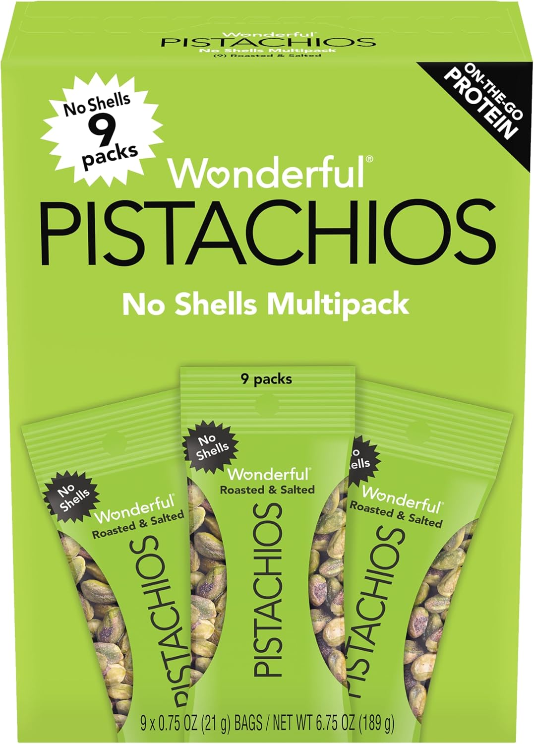 Wonderful Pistachios; No Shells, Roasted & Salted Nuts, Pack of 9 (0.75 Ounce Bags); Protein Powered; Gluten Free; On-The Go-Snack